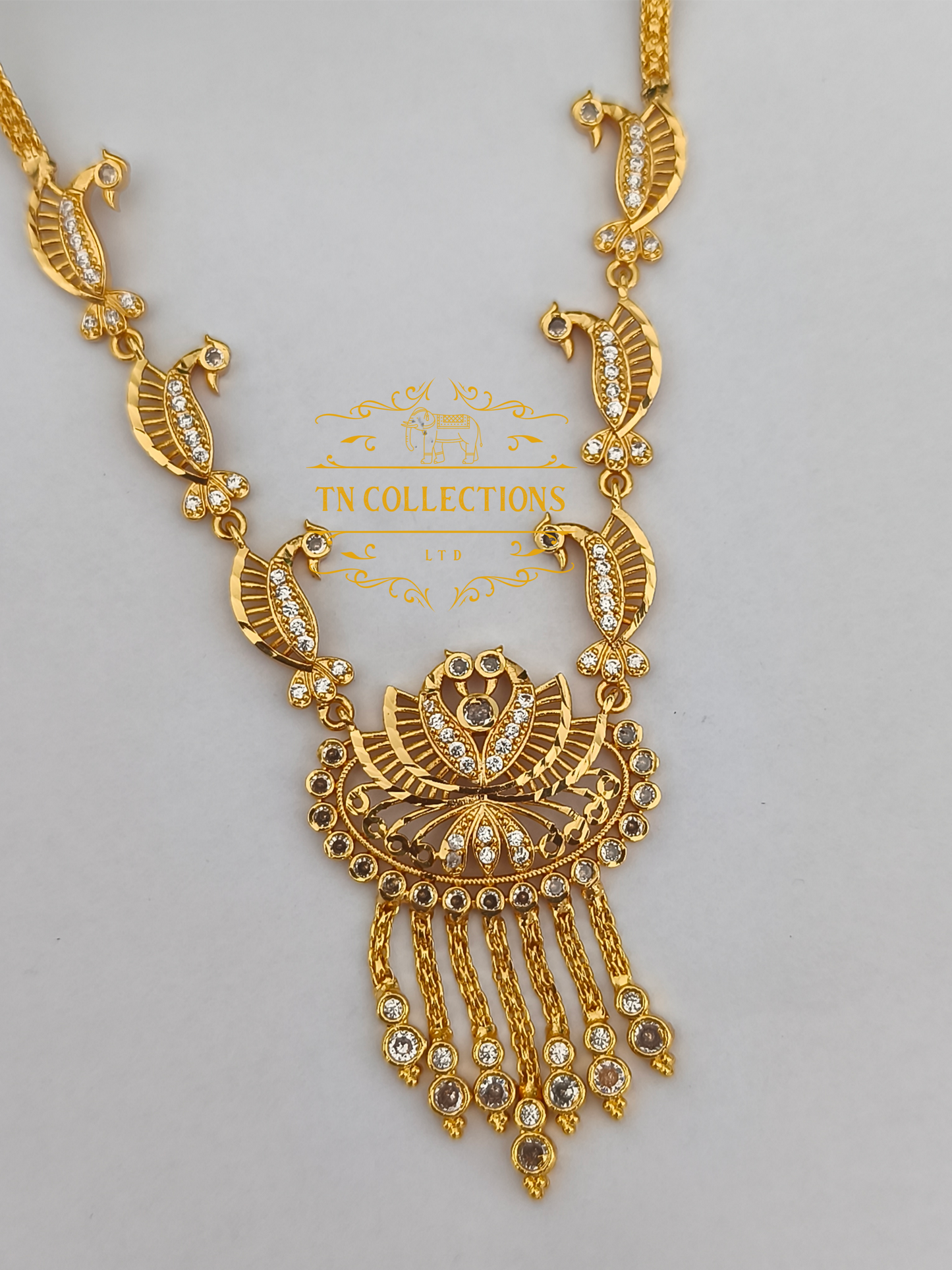 Micro Gold-Plated Traditional Peacock Design Necklace Set (Full White stones)