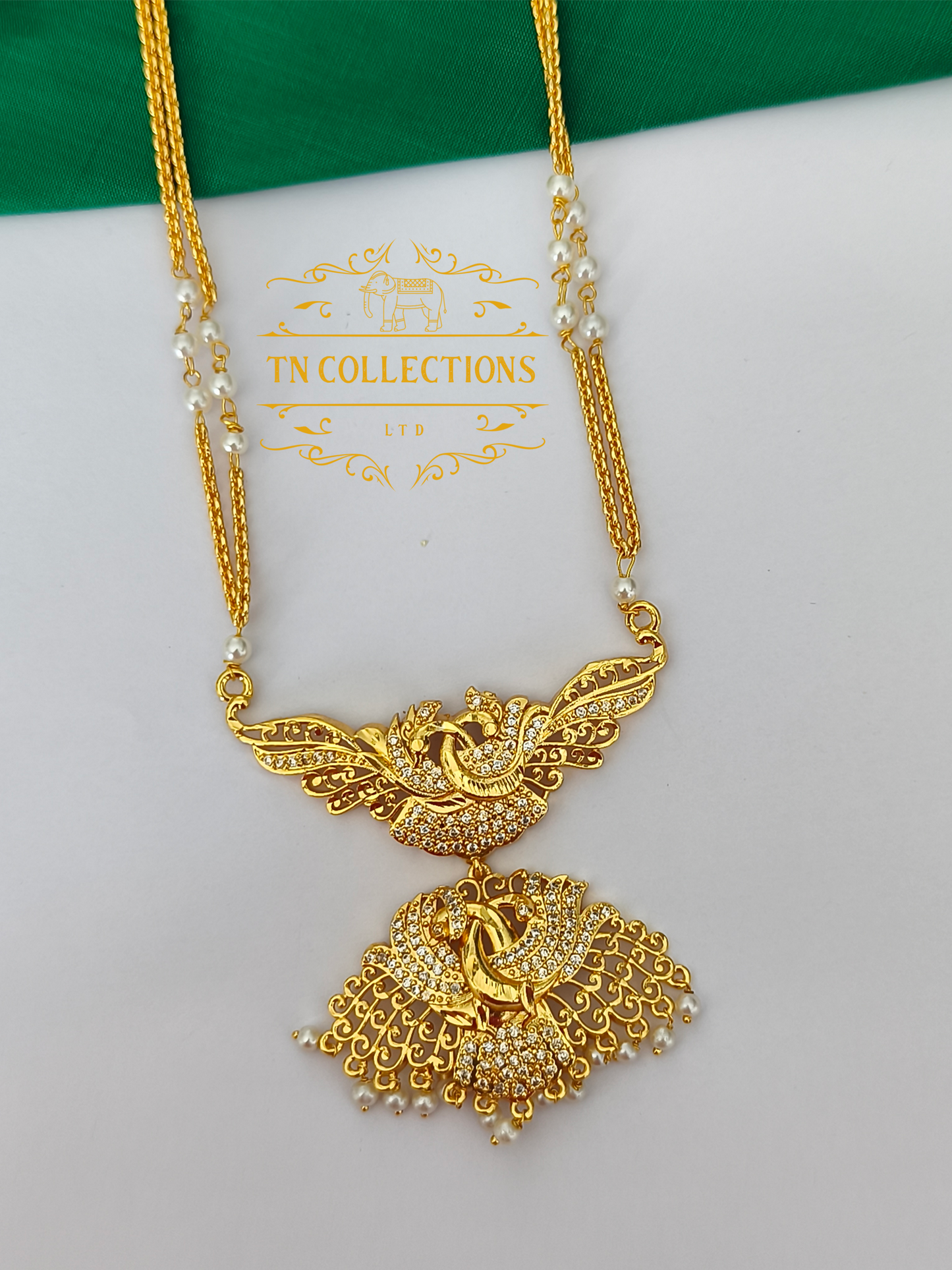Micro Gold-Plated Traditional Pathakkam with Pearl Chain (Full white stones)