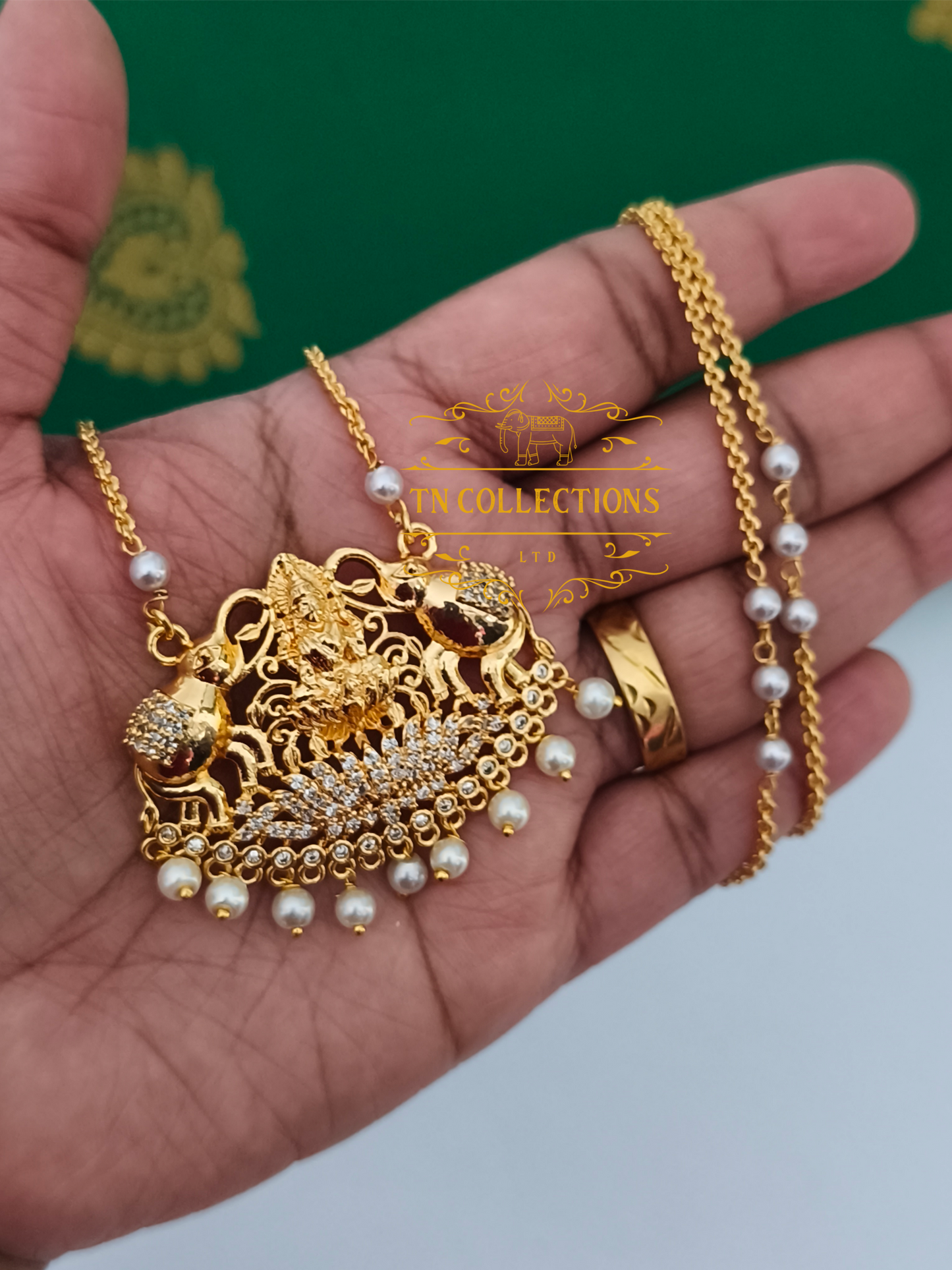 Micro Gold-Plated Lakshmi Pathakkam with single layer pearl chain (Full white stones)