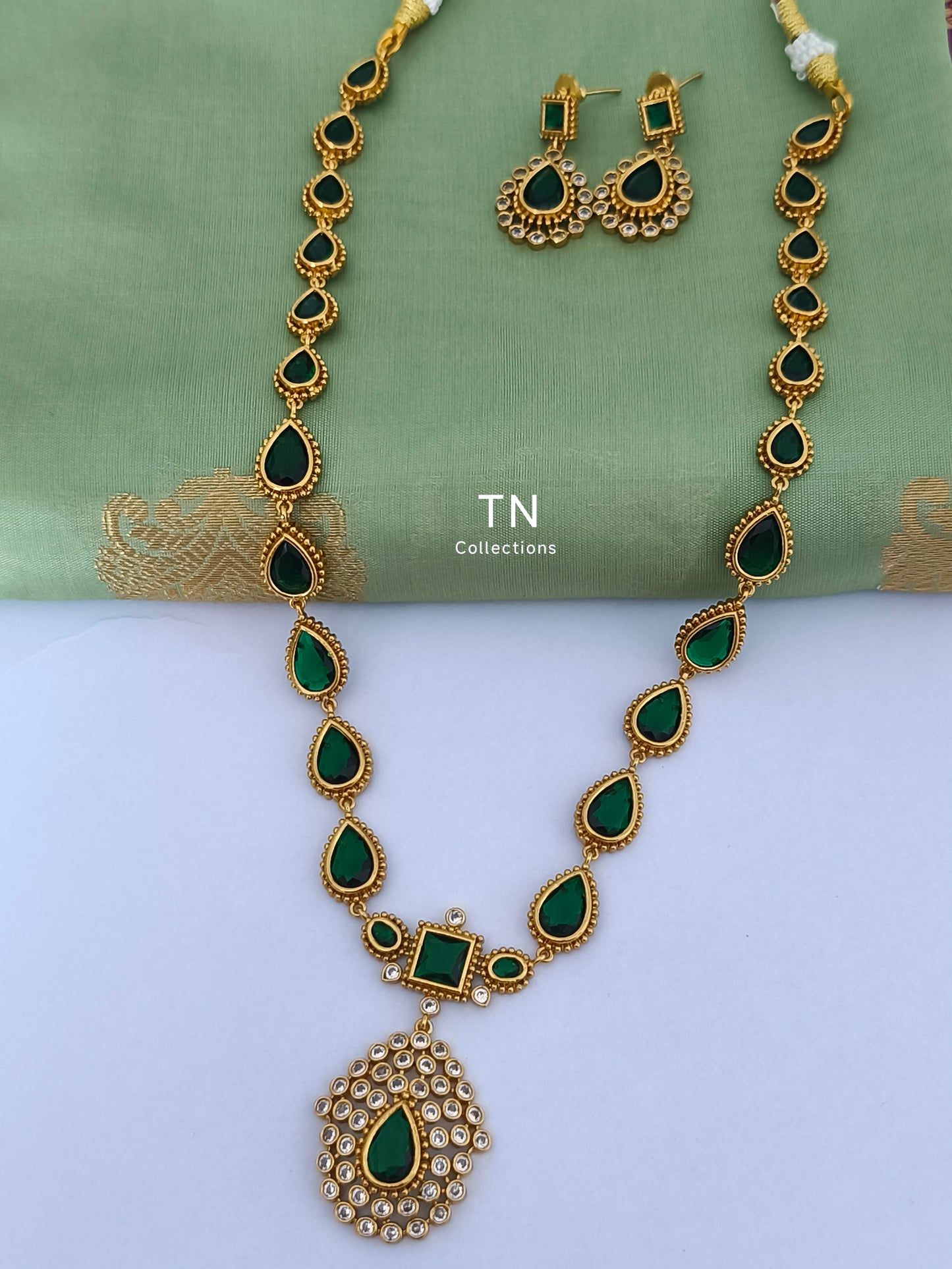 Premium Polish Green Long Haaram with earrings