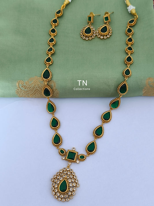 Premium Polish Green Long Haaram with earrings