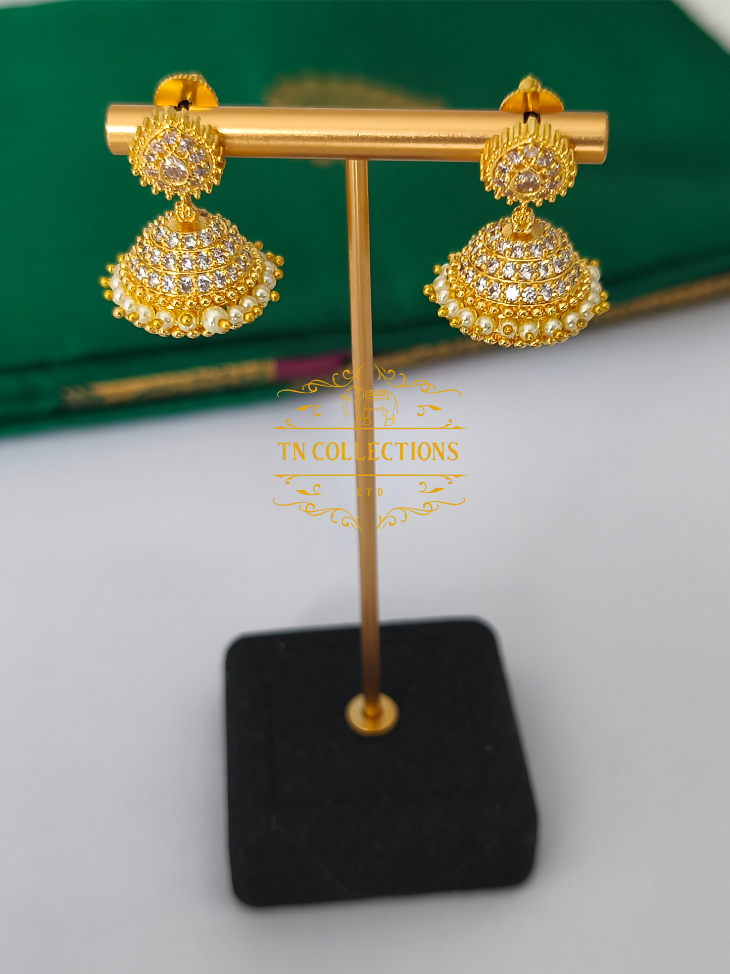 Micro Gold plated Jhumkas (Full White stones)