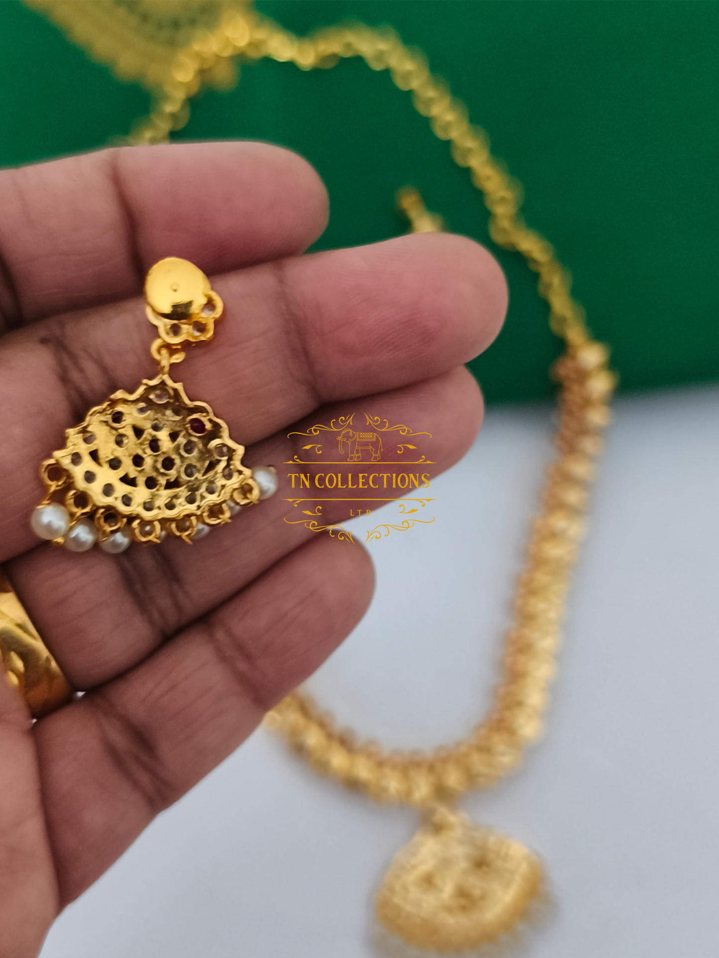 Micro Gold Plated Traditional Attiyal with earrings (Ruby & White stones)