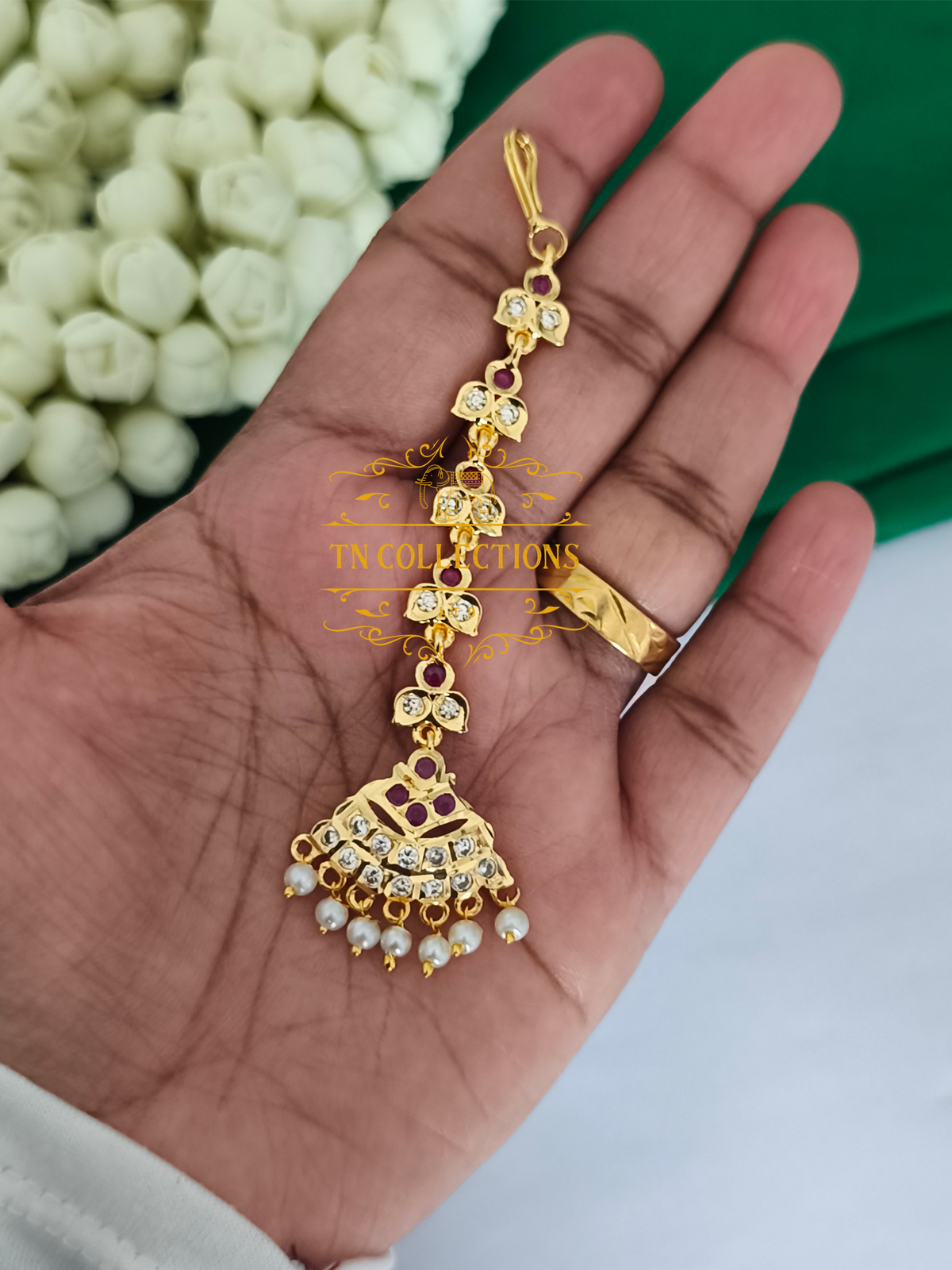 Micro Gold Finish impon cz Tikka (Ruby & White stones)