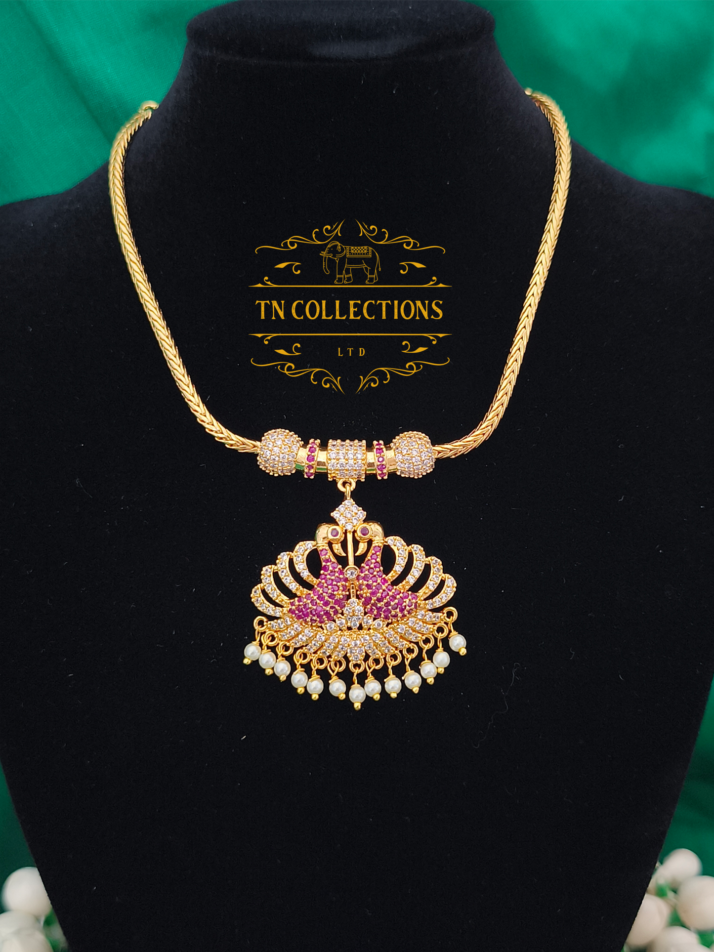 Micro Gold-Plated Peacock Attiyal (Ruby and white stones)