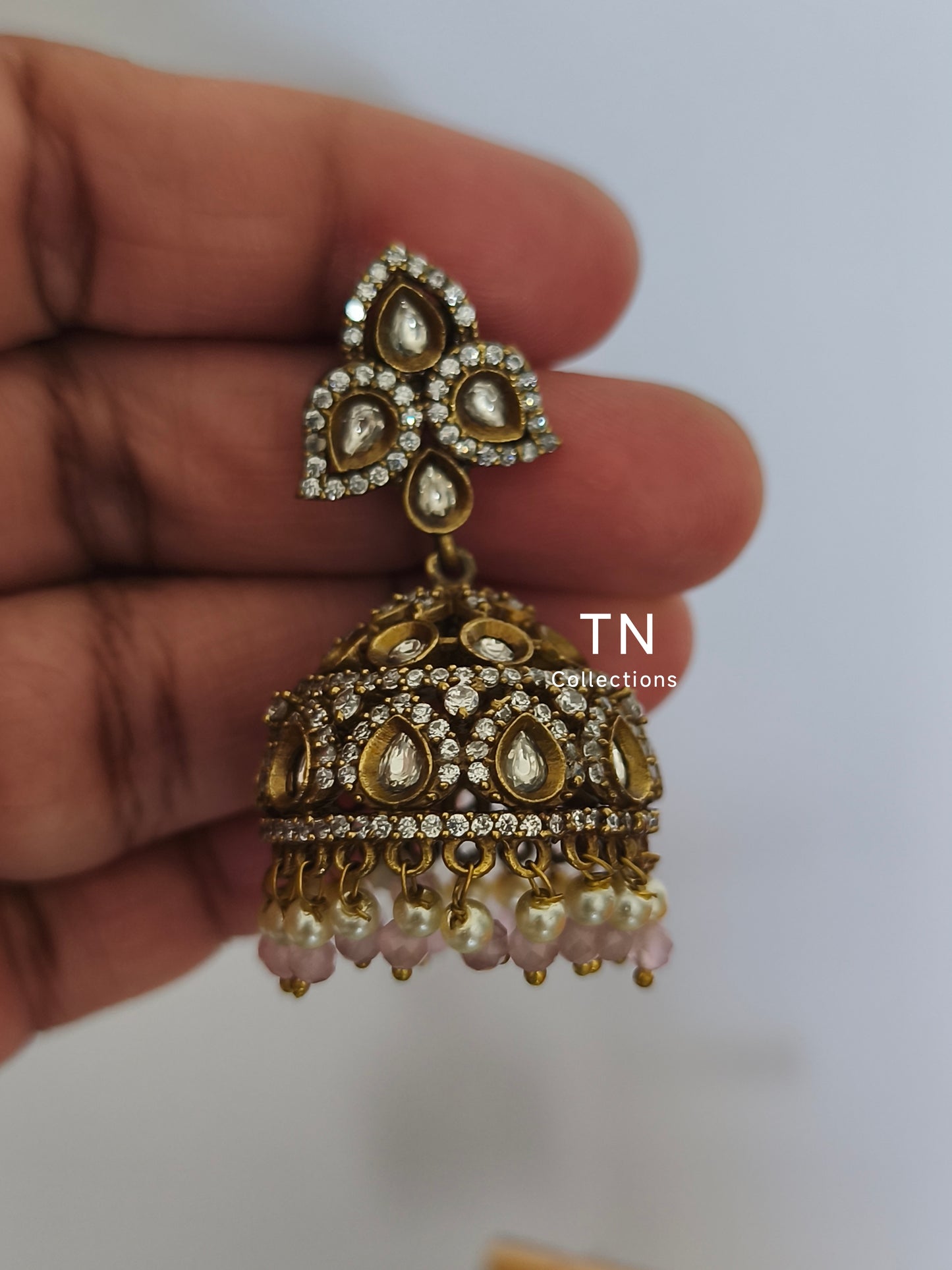 Victorian Ad Jimikki/ Jhumka/ earrings with Baby Pink Pearls