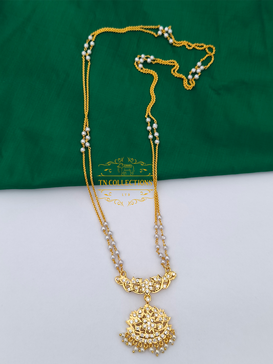 Micro Gold-Plated Traditional Pathakkam with Pearl chain (Full white stones)