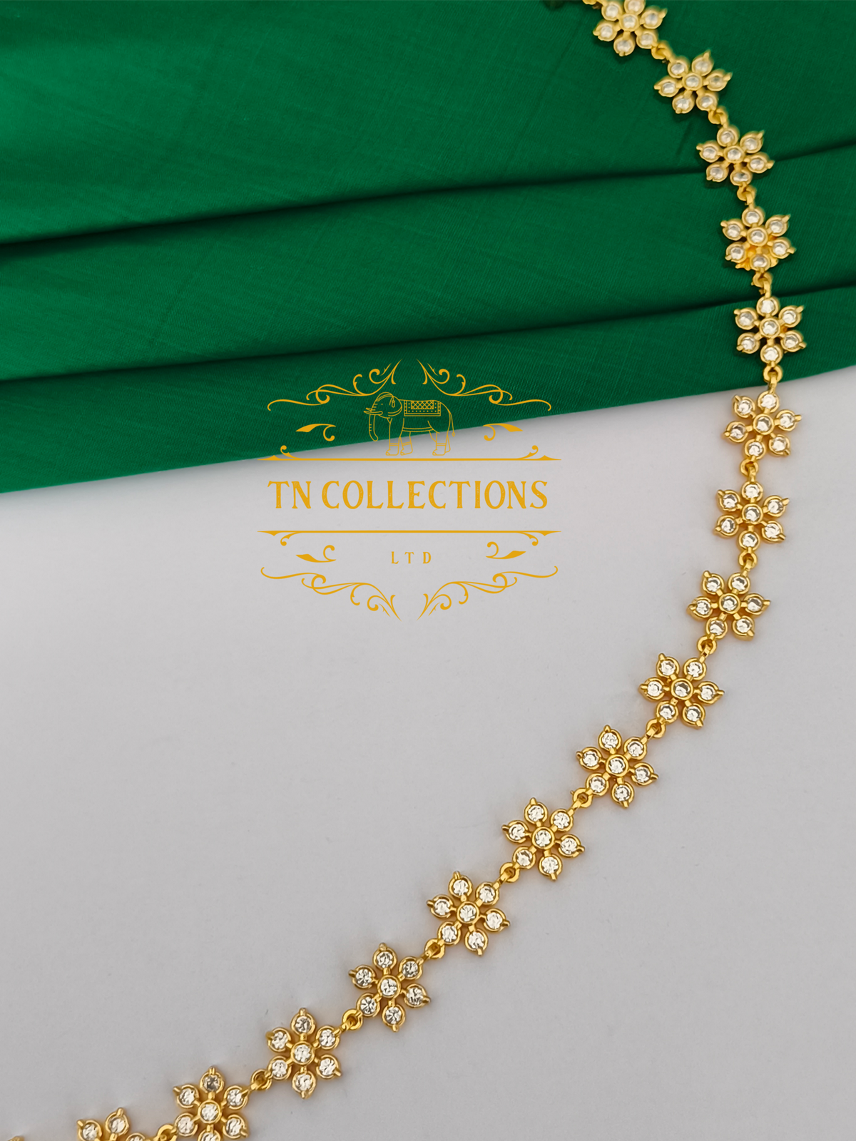 Micro Gold Finish CZ Floral Hip Chain (Full white stones)