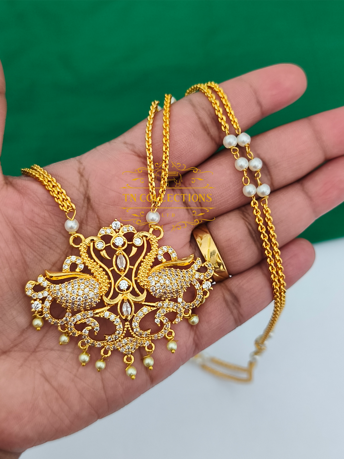 Micro Gold-Plated Traditional Pathakkam with double layer pearl chain (Full white stones)
