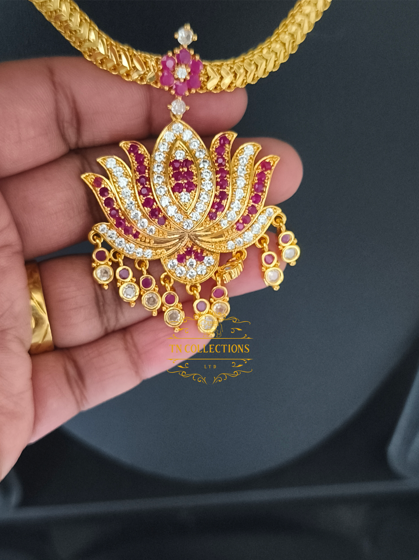 Micro Gold plated Lotus Necklace (Ruby & White stones)