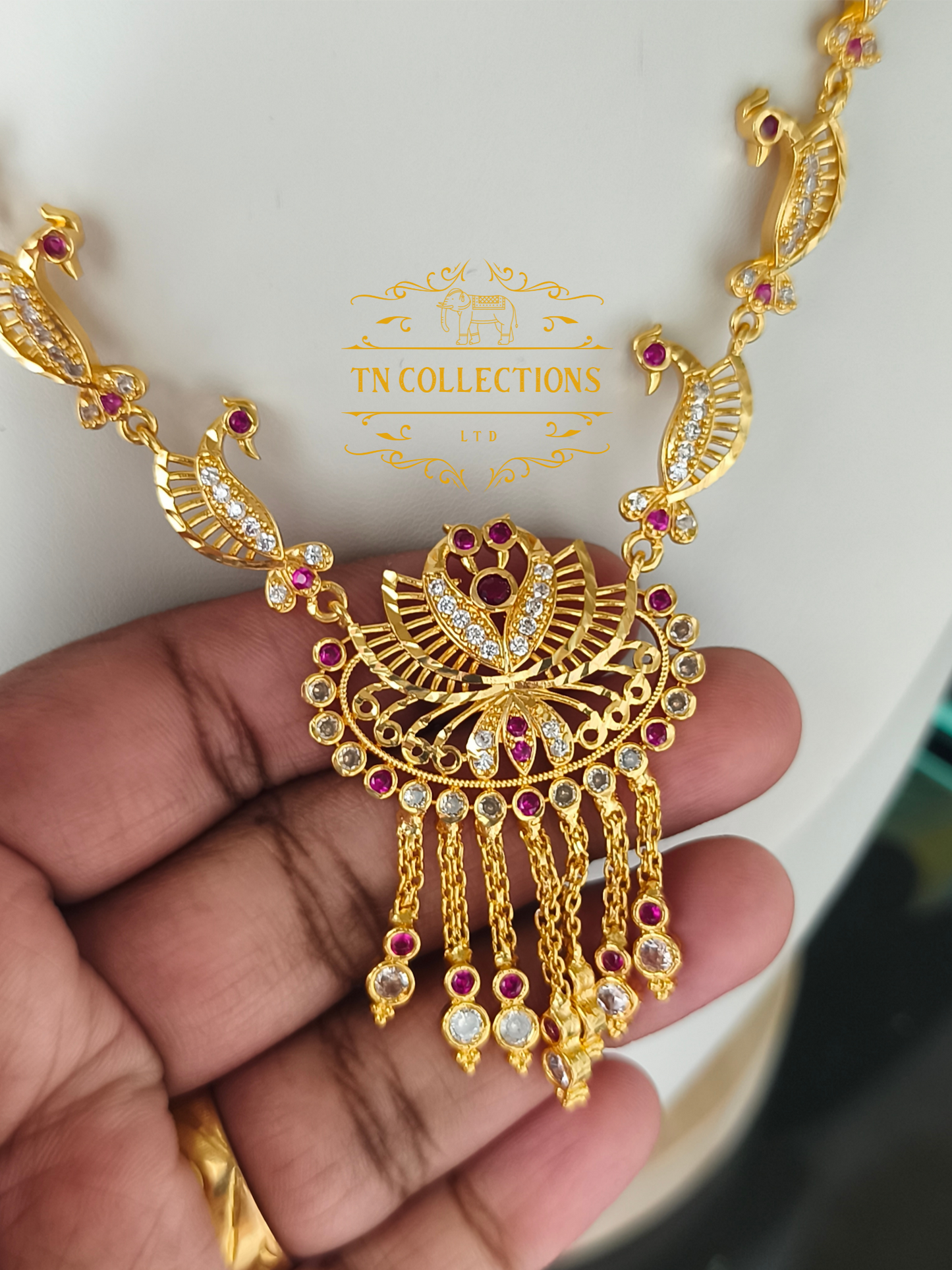 Micro Gold-Plated Traditional Peacock Design Necklace Set (Ruby & White stones)