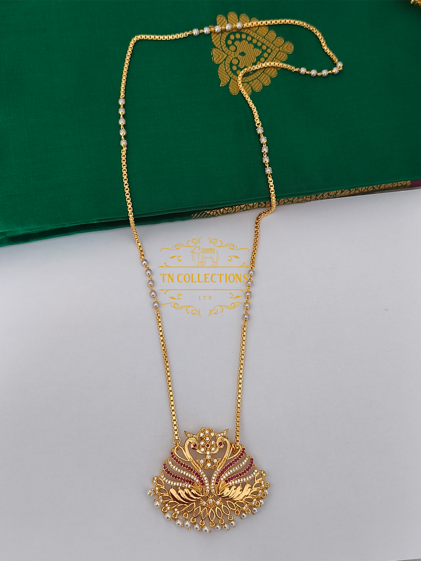 Micro Gold-Plated Traditional Peacock Design Attiyal Pathakkam Set (Ruby & White)