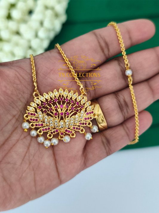Micro Gold-Plated Floral design Pendant with Pearl chain (Ruby and white stones)