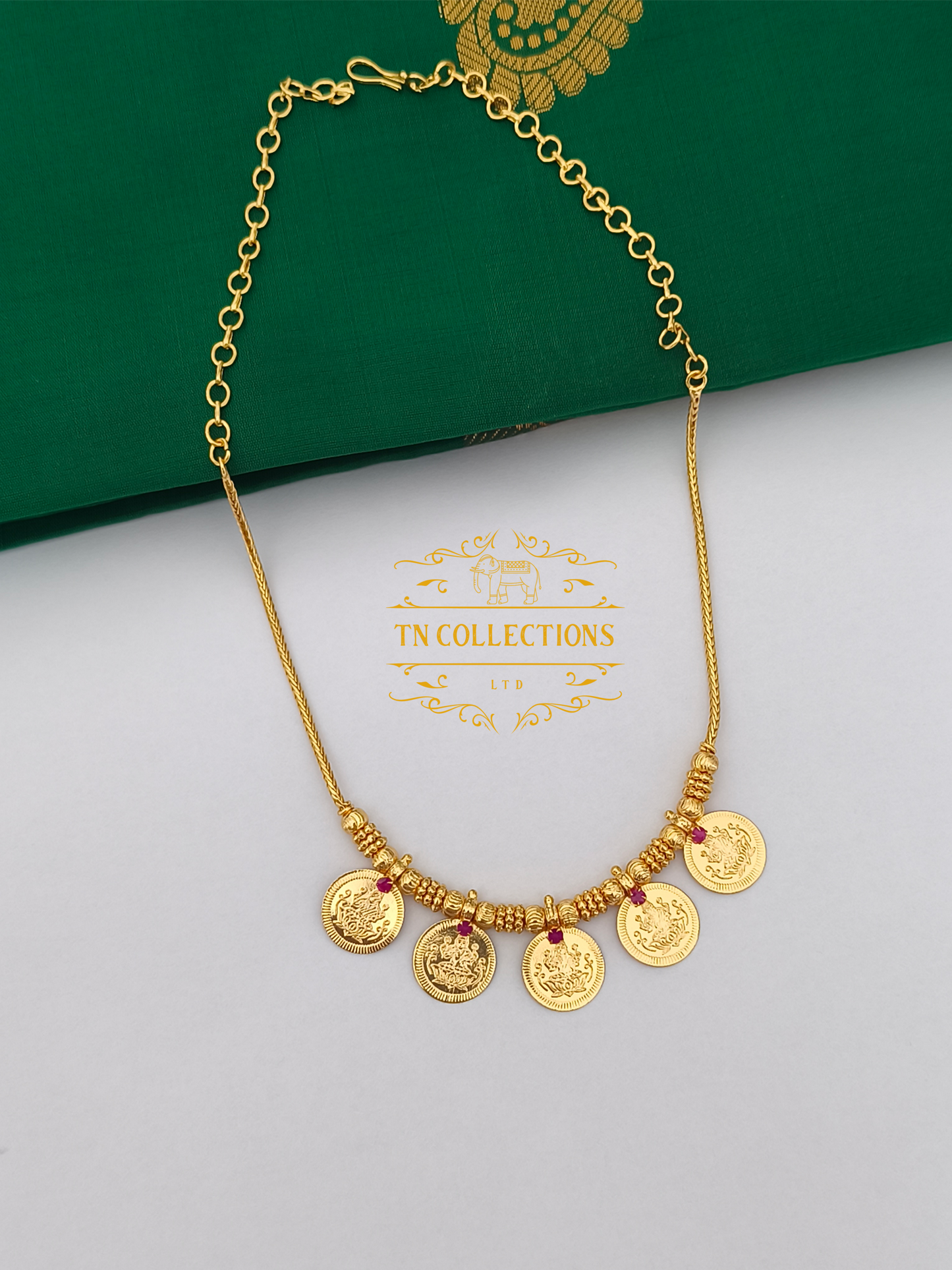 Micro Gold Finish Coin Necklace (Ruby stone)