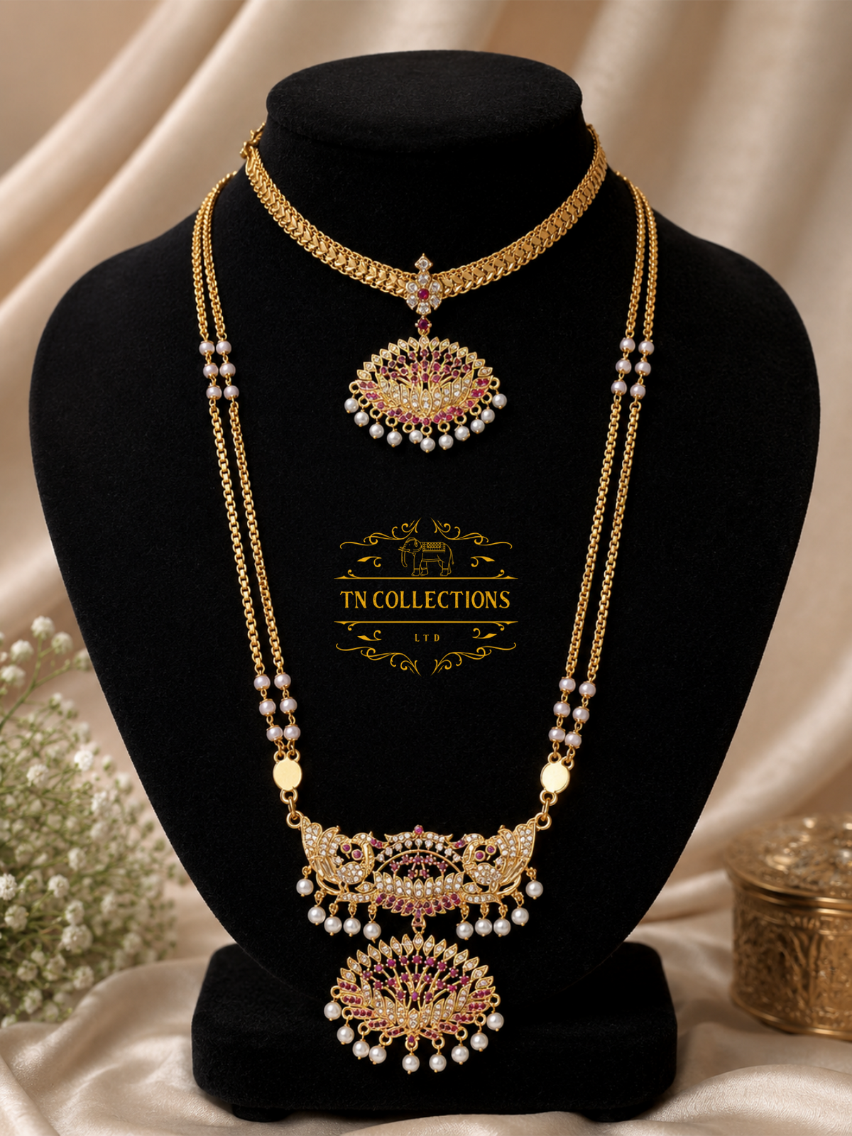 Micro Gold-Plated Traditional Semi Bridal Set (Ruby and white stones)
