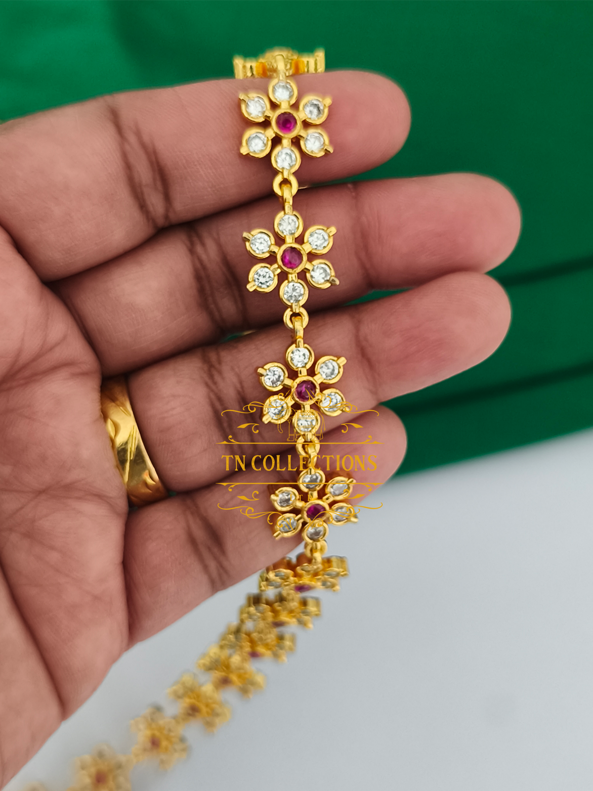 Micro Gold Finish CZ Floral Hip Chain (Ruby and white stones)