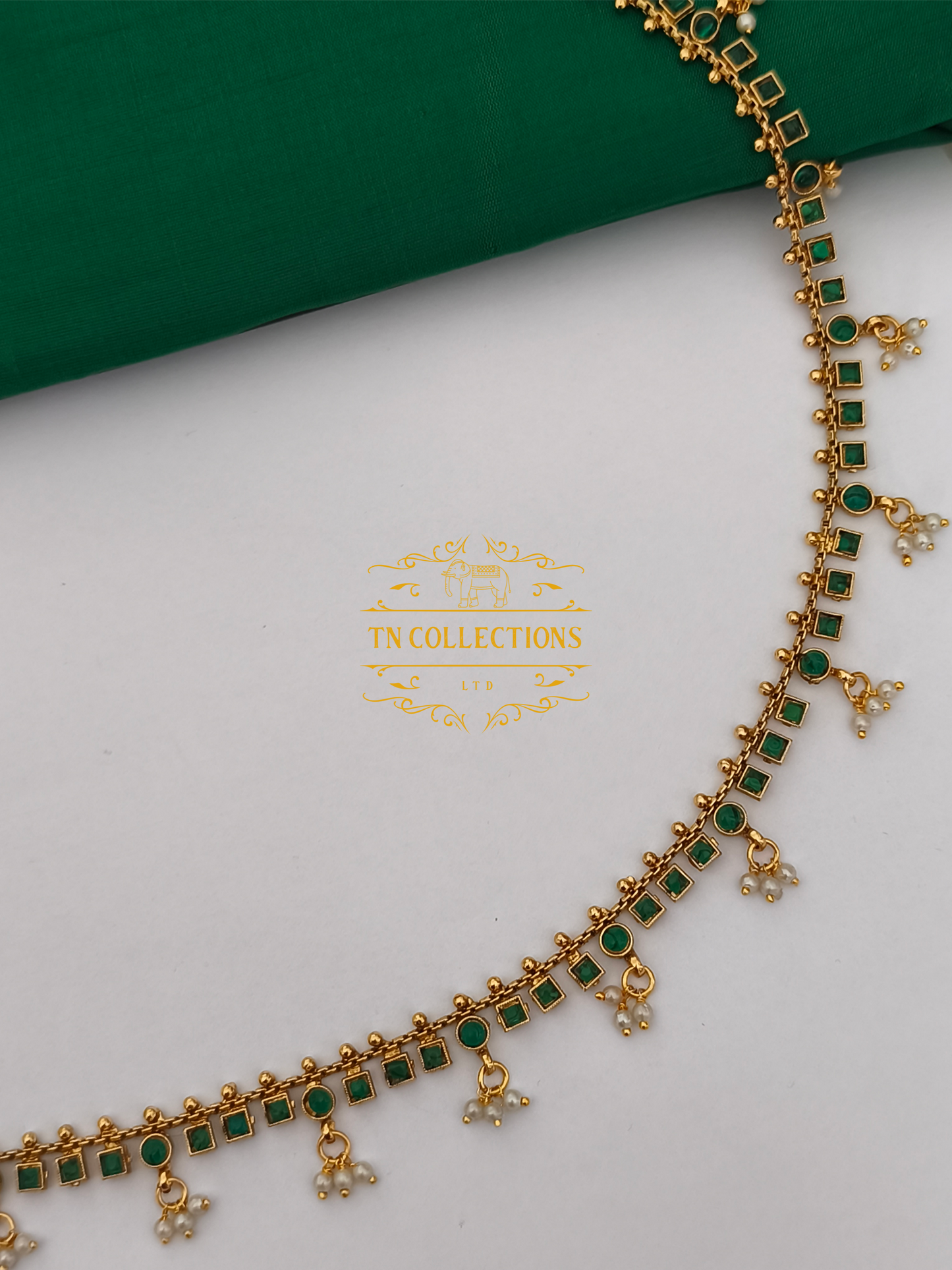 Kemp Stone Brass metal Hip Chain( Green Stones)