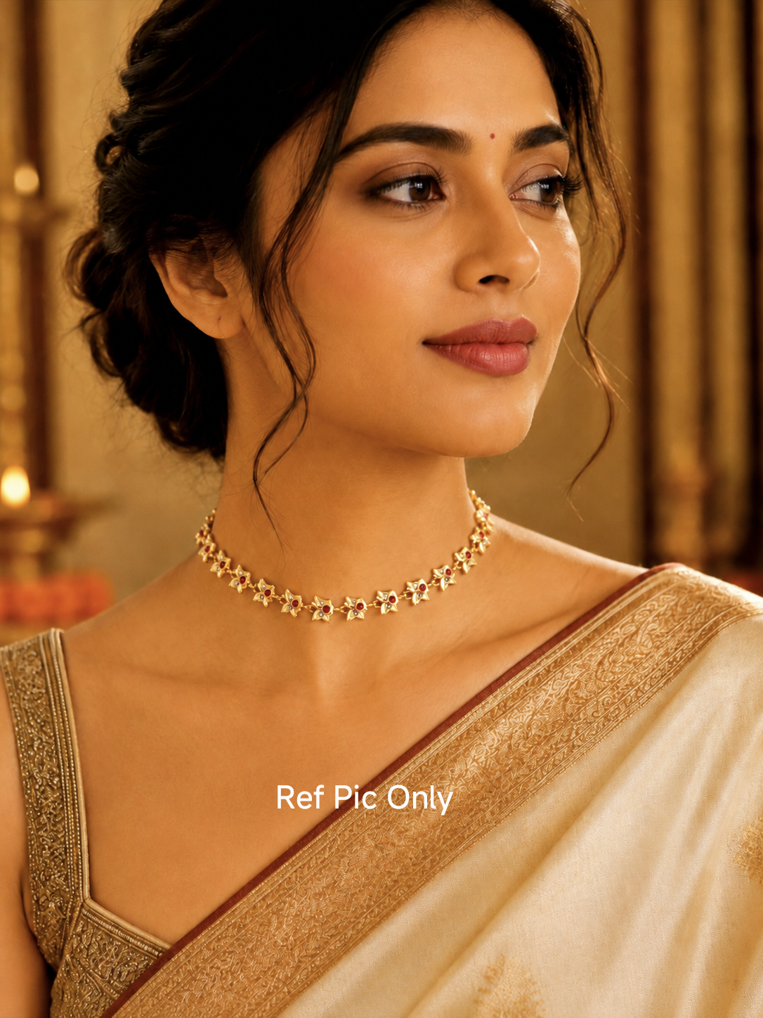 Micro Gold-Plated Impon Choker Necklace (Ruby & White stones)