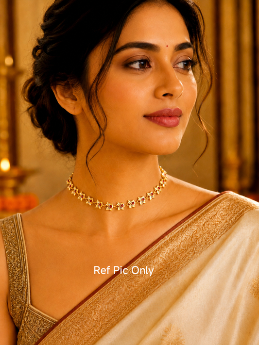 Micro Gold-Plated Impon Choker Necklace (Ruby & White stones)