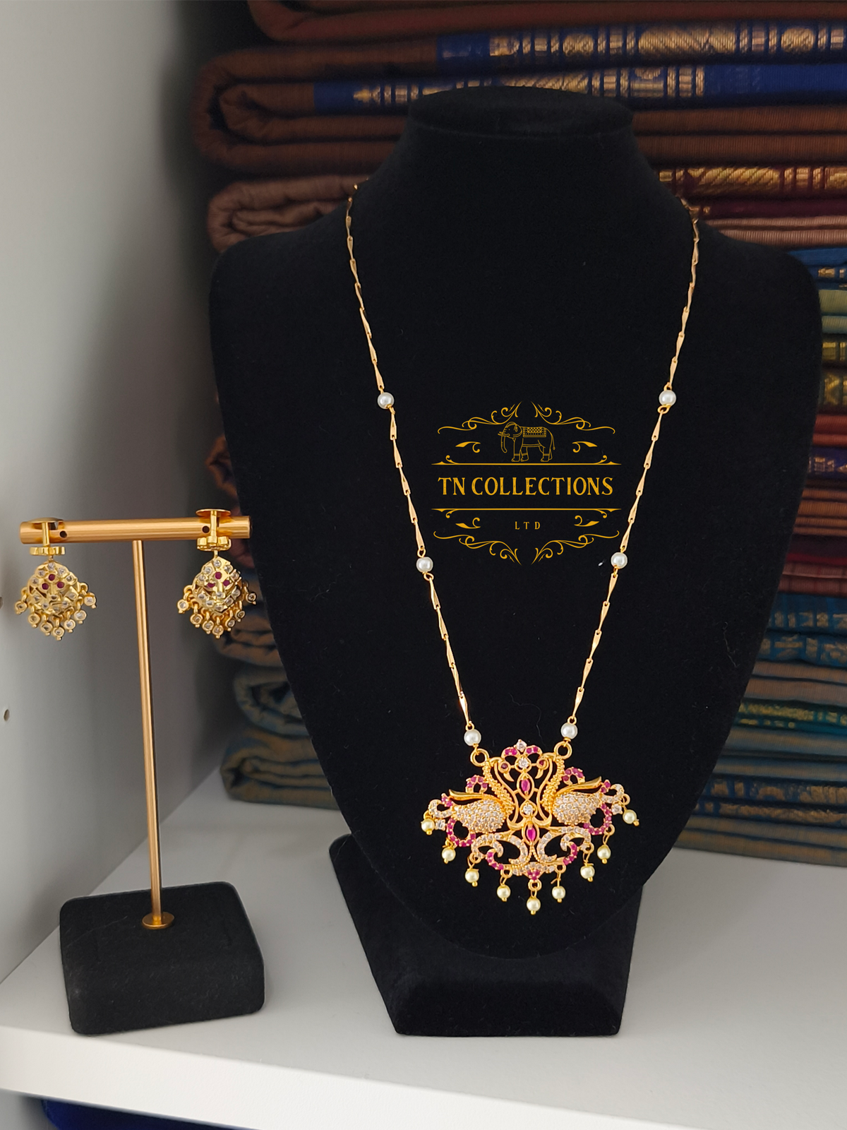 Micro Gold Finish cz stone Pearl Chain with Pendant Set