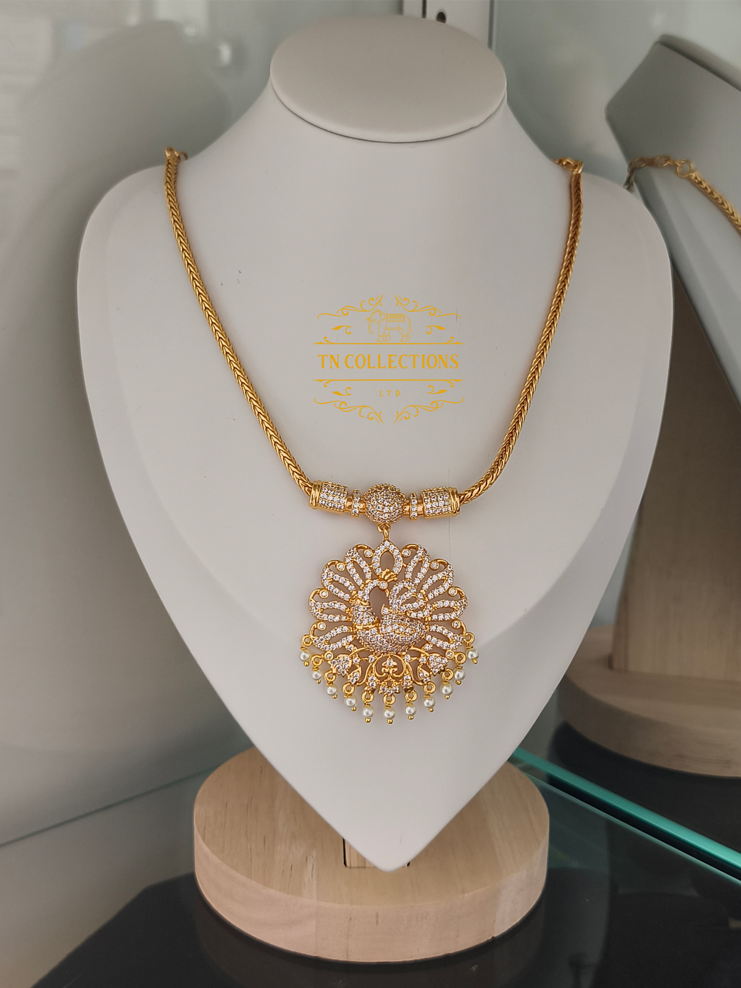 Micro Gold-Plated Peacock Attiyal (Full White stones)