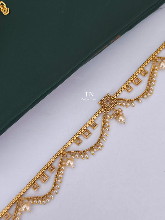 Antique Polish Hip Chain (Full white stones & pearls)