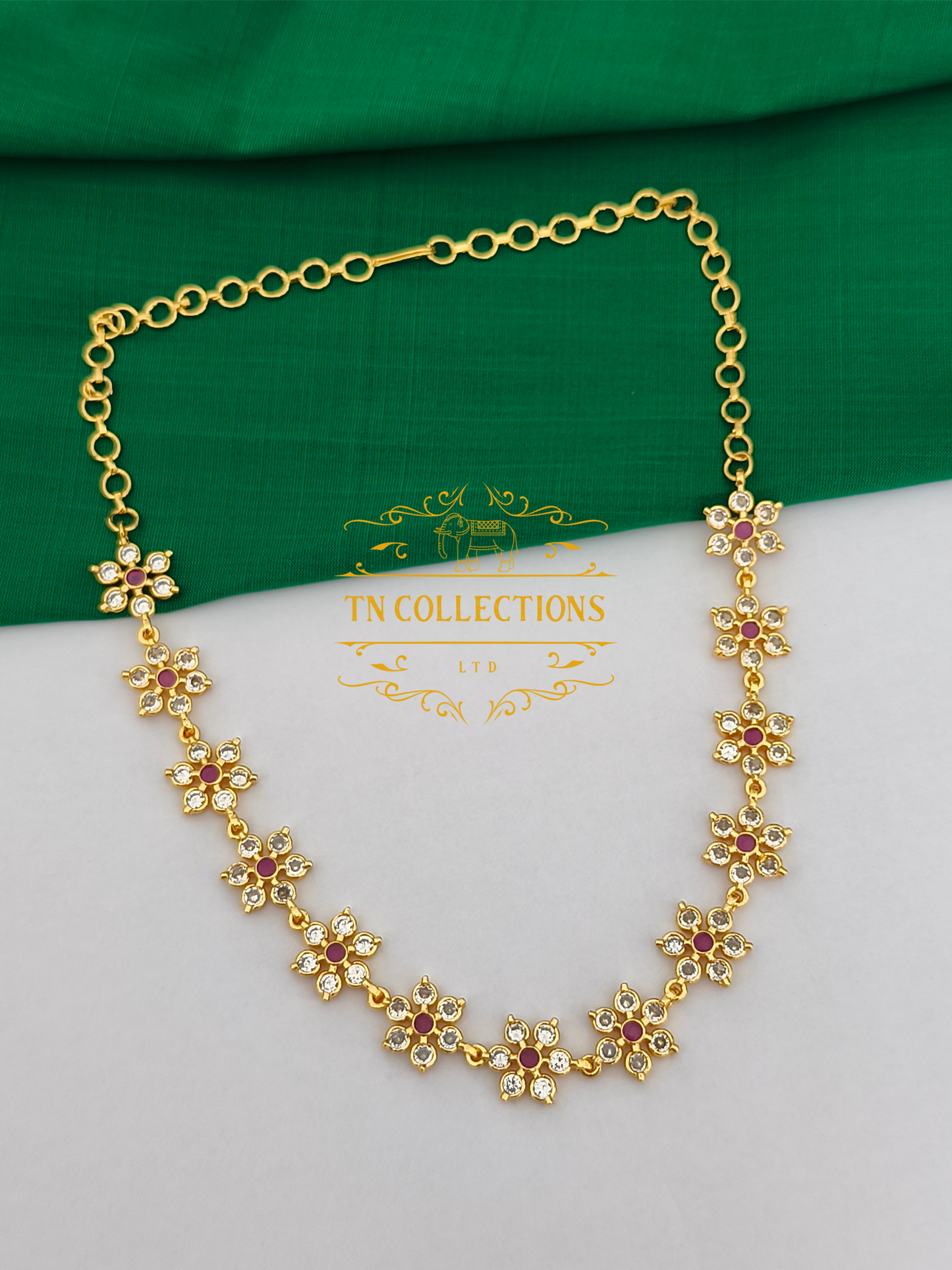 Micro Gold-Plated Floral Choker Necklace (Ruby & White stones)