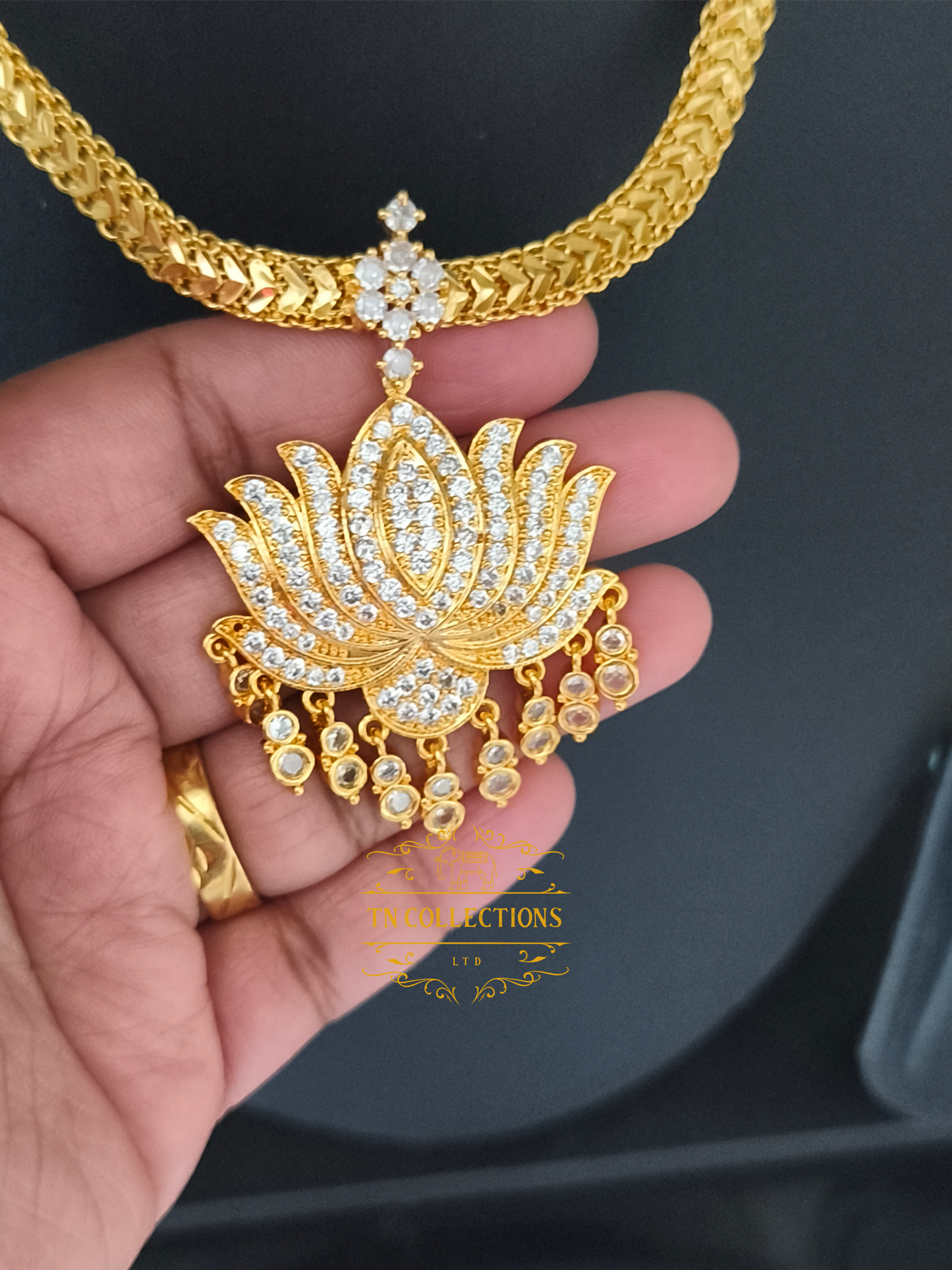 Micro Gold plated Lotus Necklace (Full White stones)