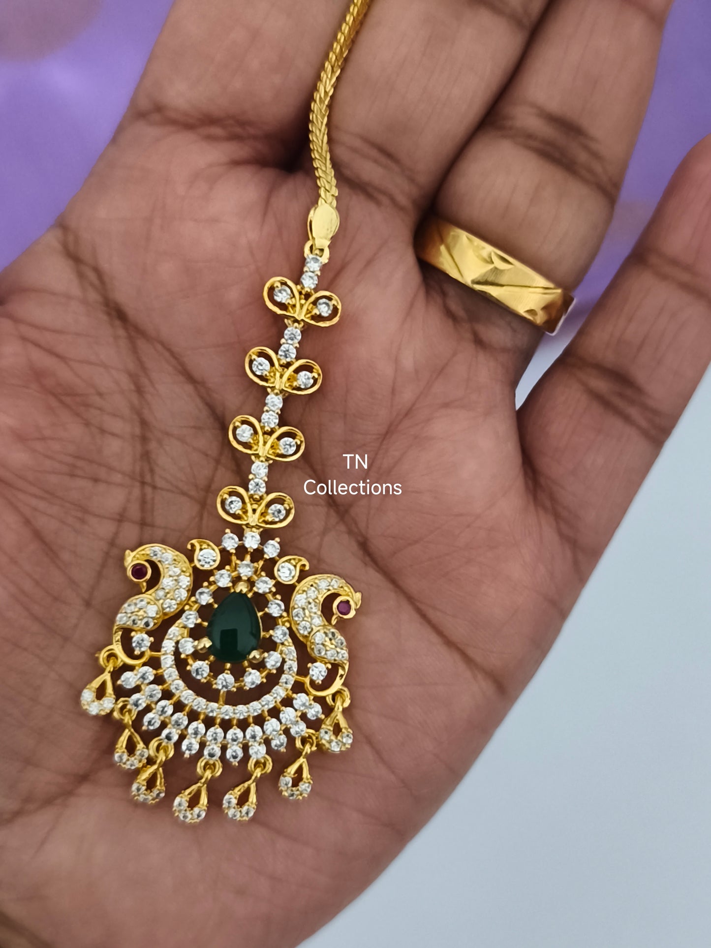 Gold Finish Tikka (White & Green stones)