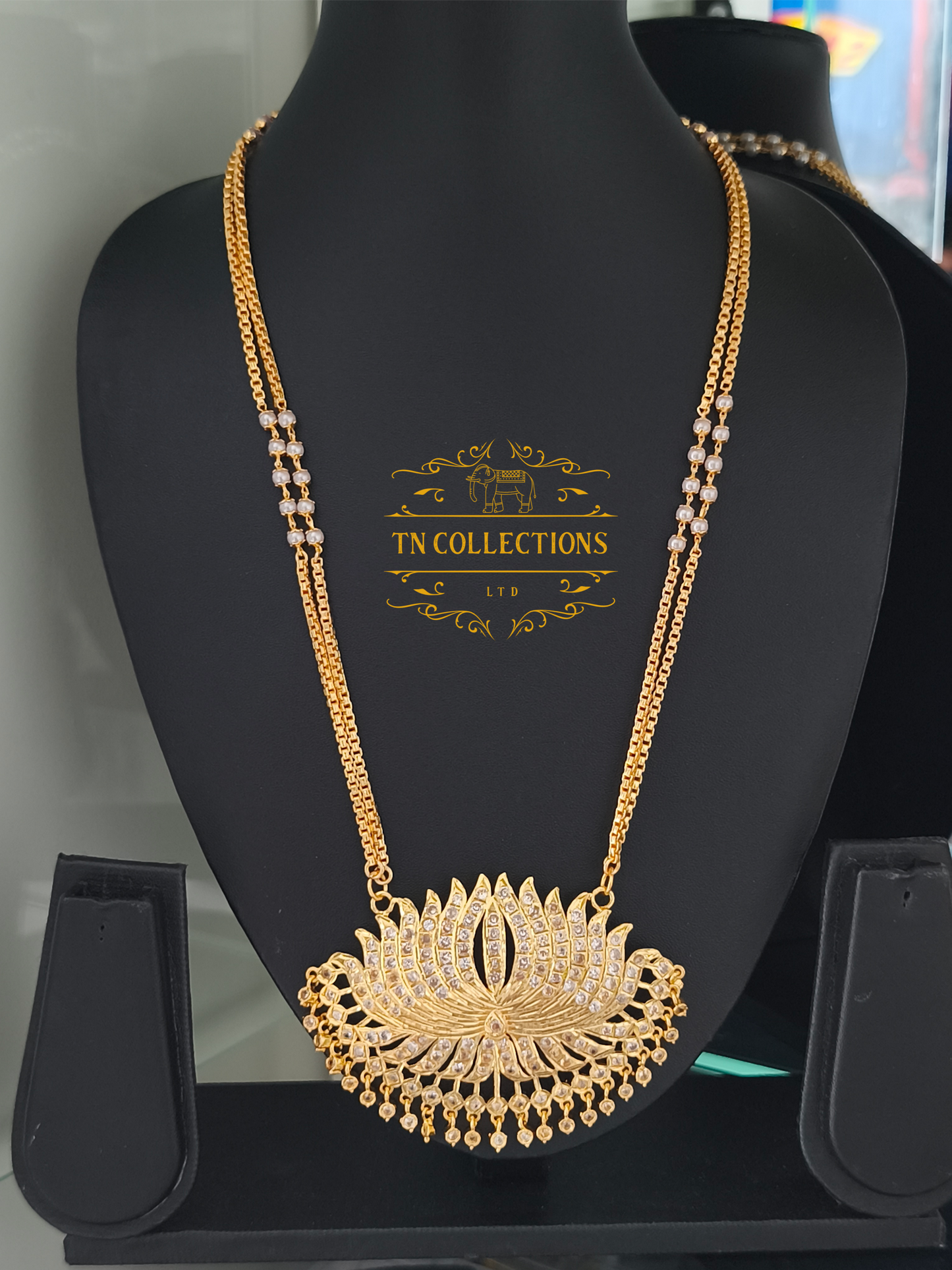 Micro Gold-Plated Impon Lotus Pathakkam with Double layer pearl chain