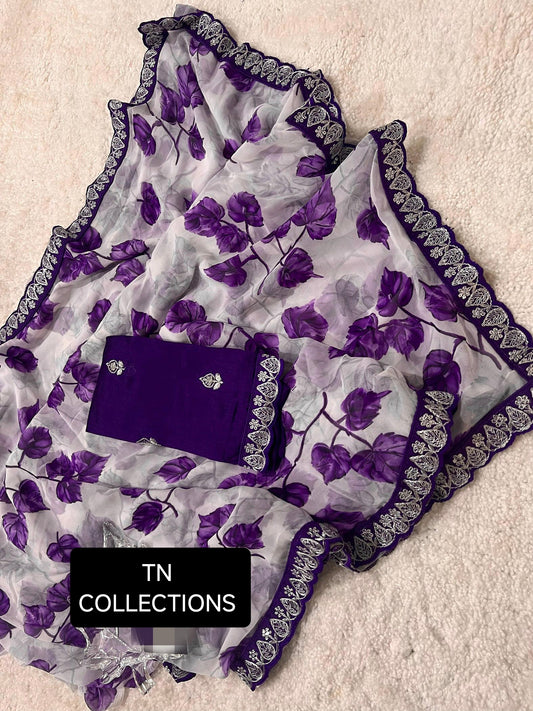 Leaf Design Soft Chiffon Georgette Party Saree with contrast blouse