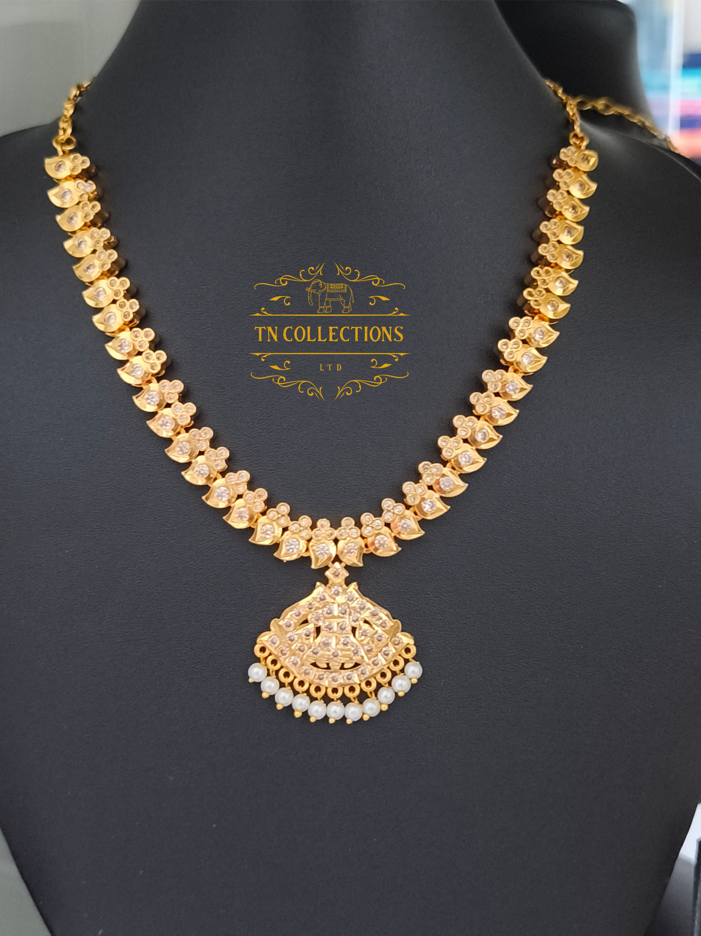 Micro Gold Plated Traditional Attiyal with earrings (Full White stones)