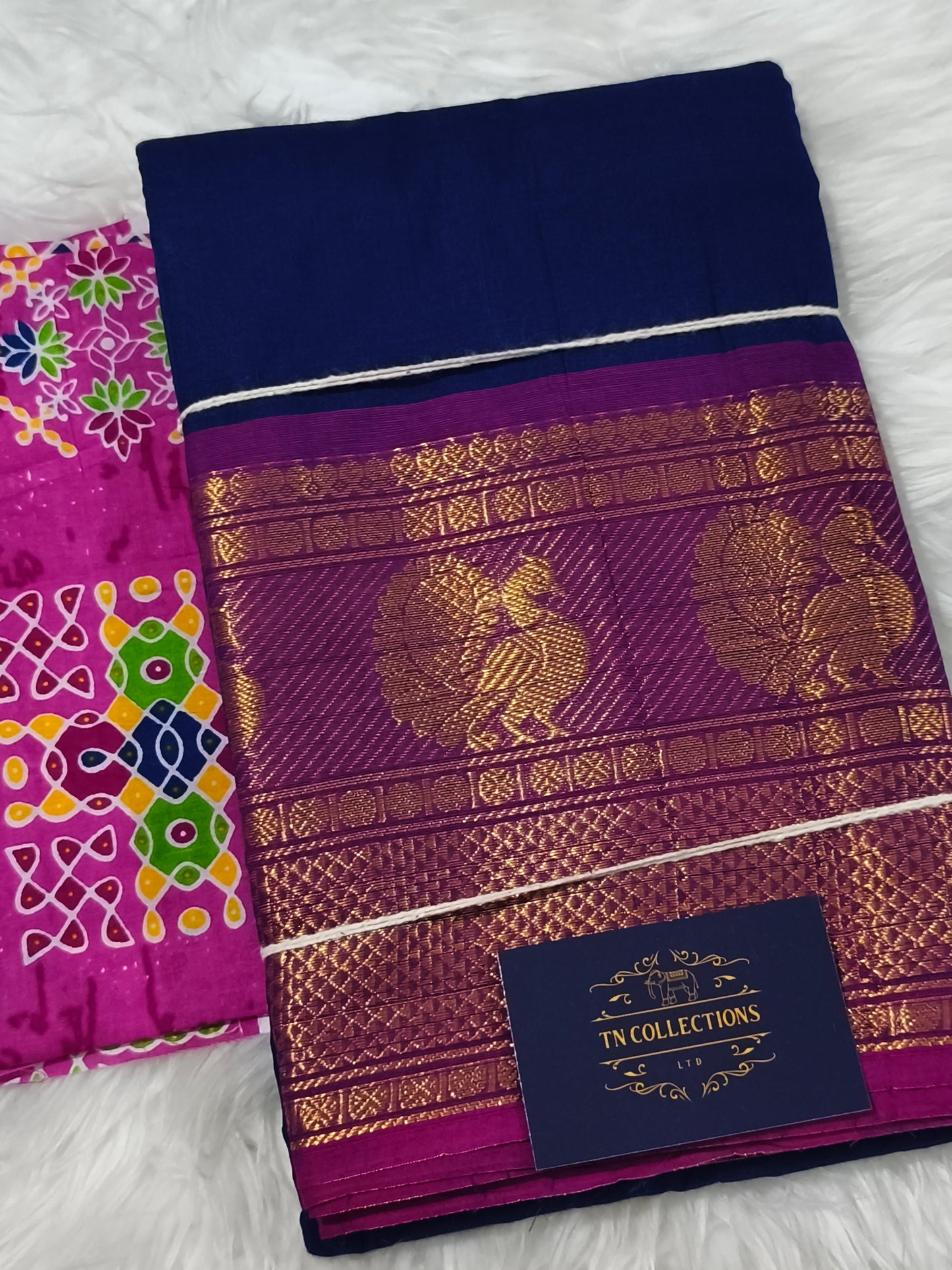 Blue Pure Chettinad cotton saree with Kalamkarai blouse