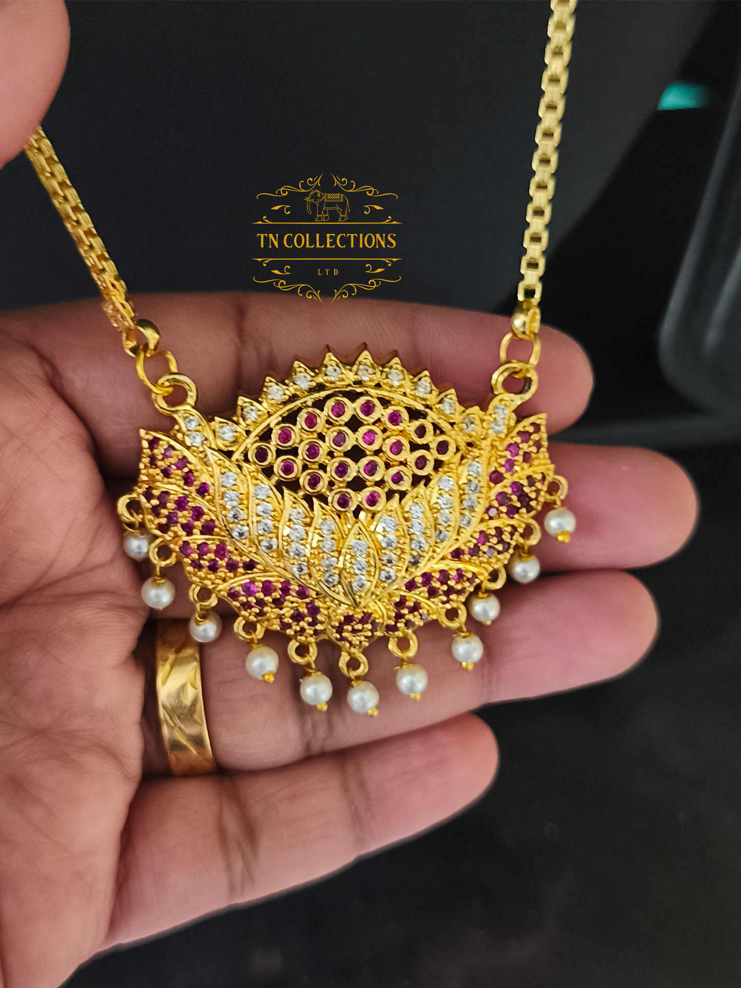Micro Gold plated Pathakkam with pearl chain (Ruby & White Stones)