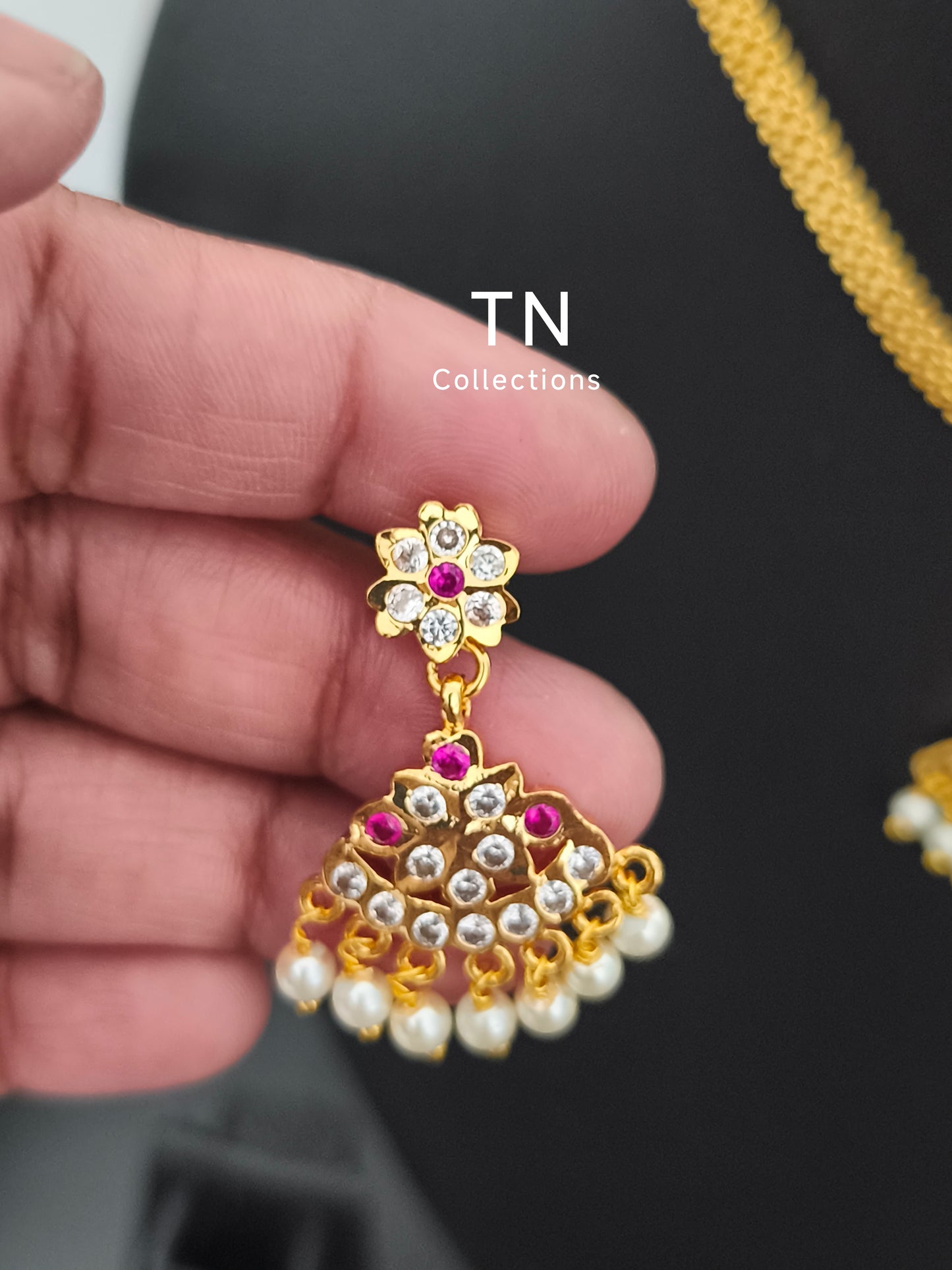 Traditional Micro gold plated Attiyal with earrings (Ruby & White stones)