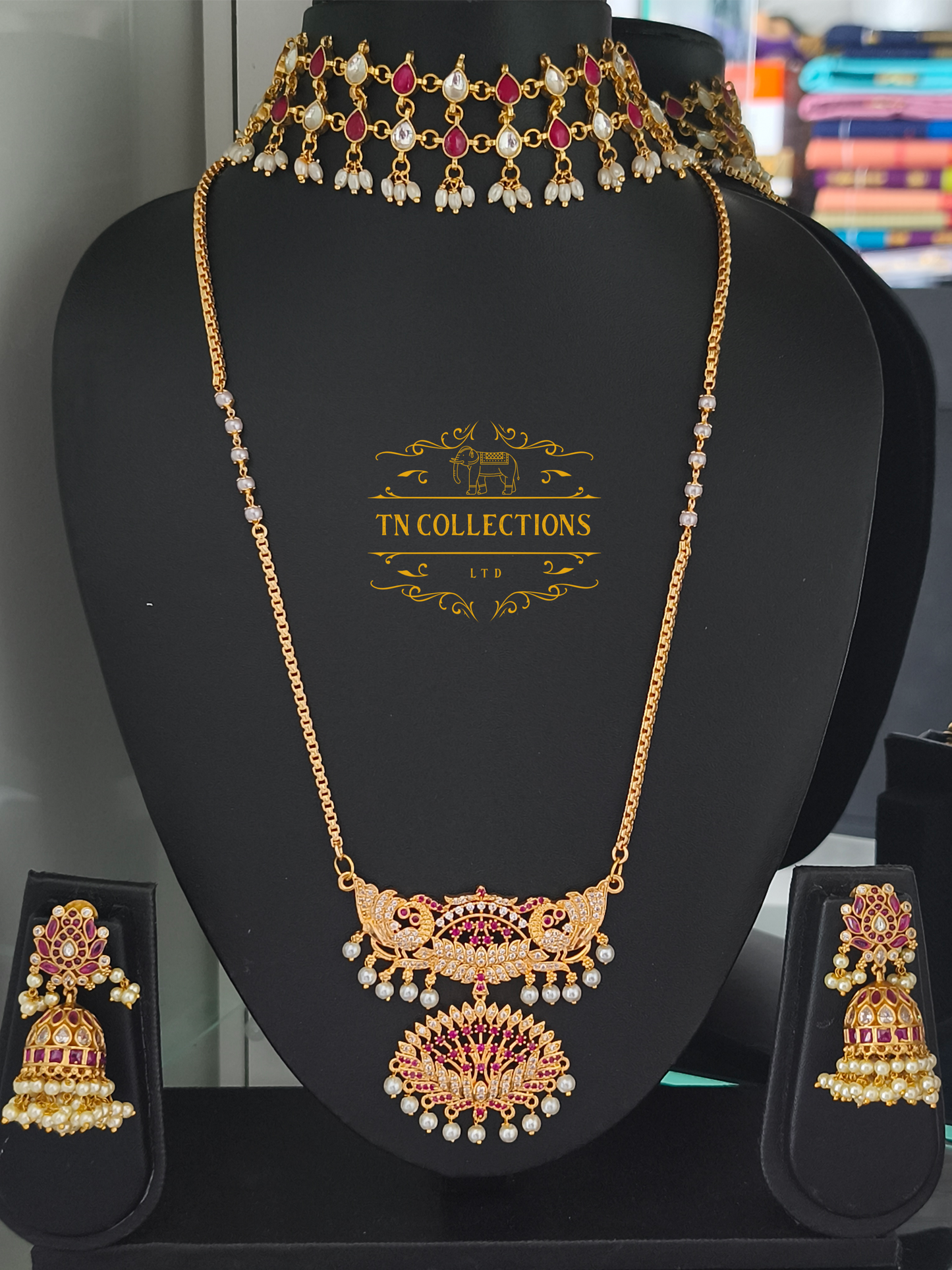 Trendy Jadu stone Necklace with Traditional Pathakkam Semi Bridal Set (Ruby & White)