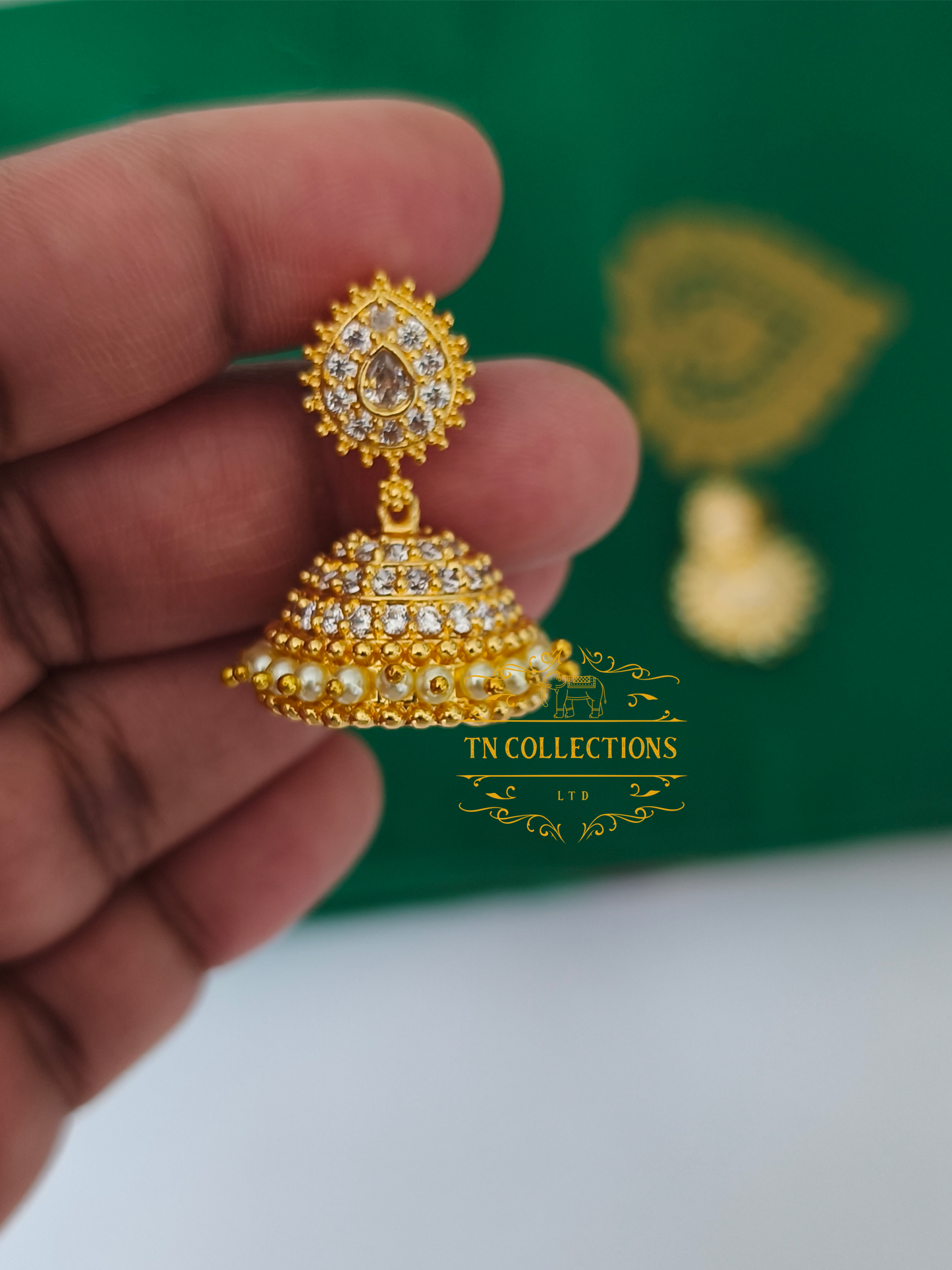 Micro Gold plated Jhumkas (Full White stones)