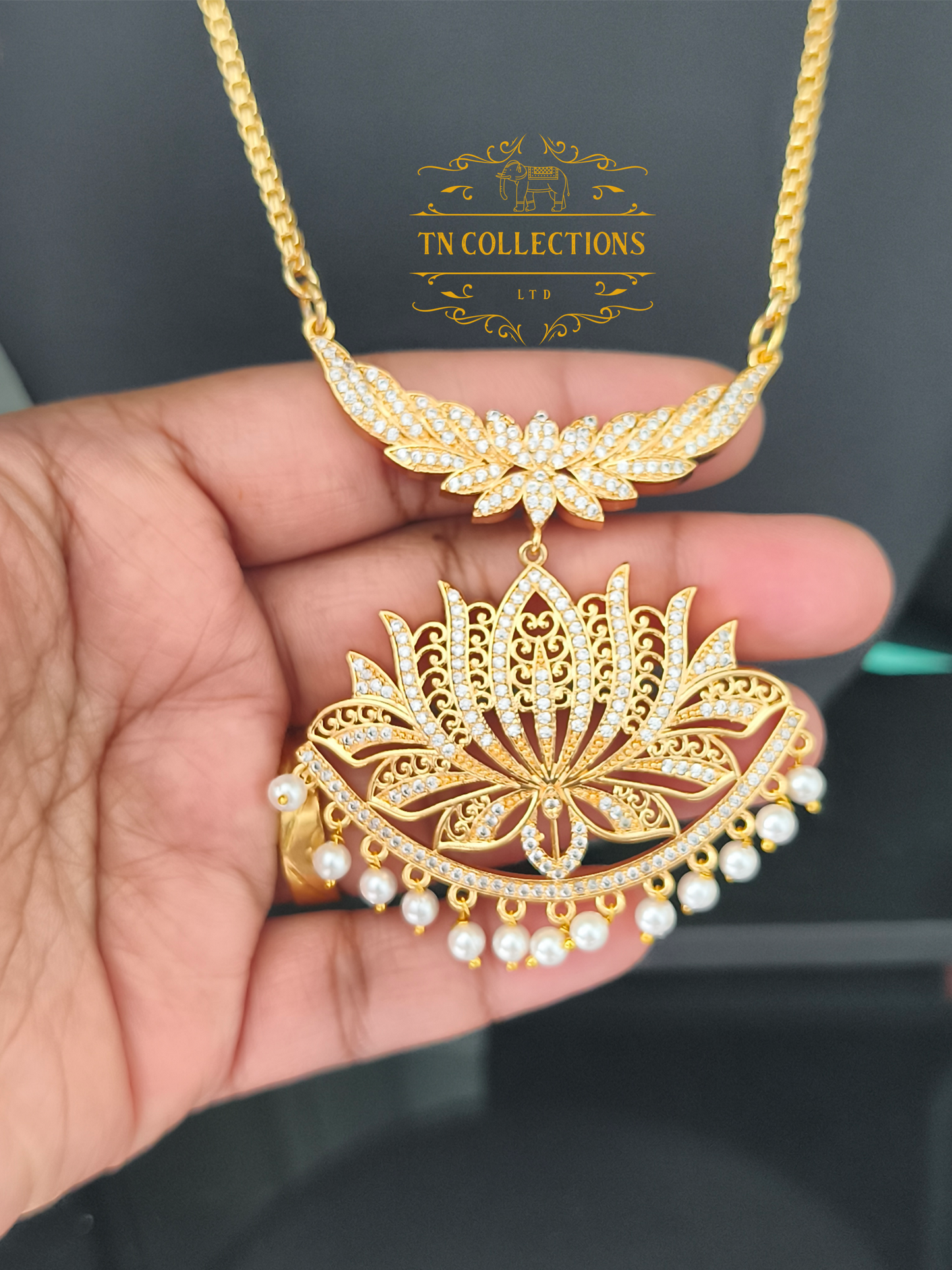 Micro Gold-Plated Lotus Pathakkam with Pearl chain