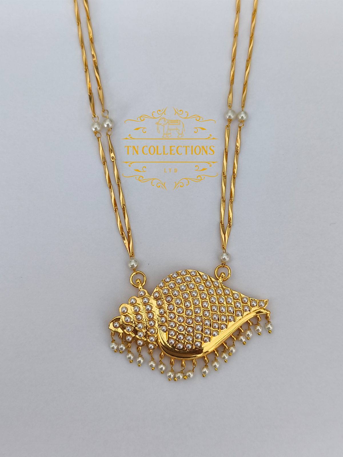 Micro Gold-Plated Traditional Shell pearl Sangu Design Pathakkam with Double layer Pearl chain