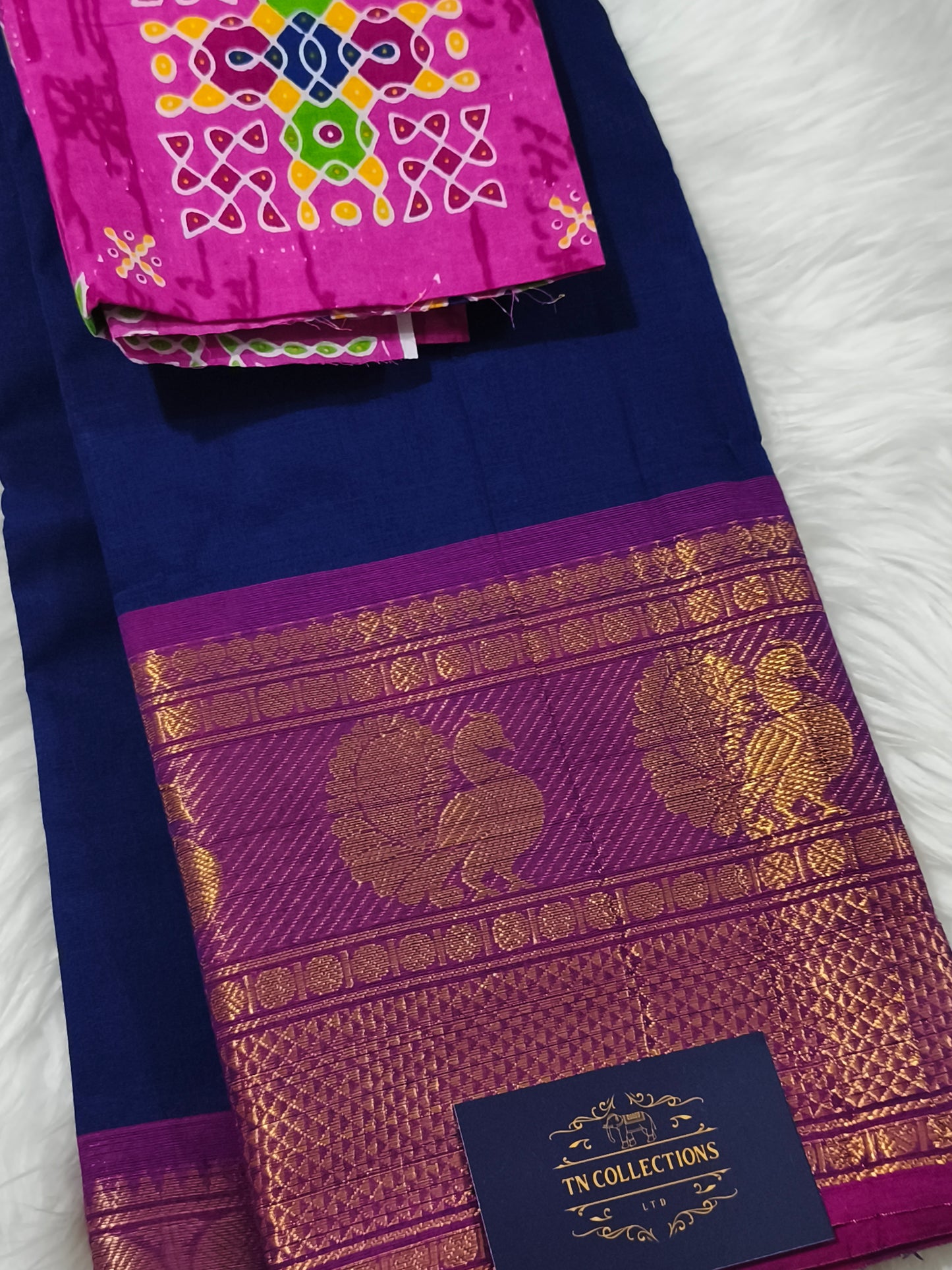 Blue Pure Chettinad cotton saree with Kalamkarai blouse