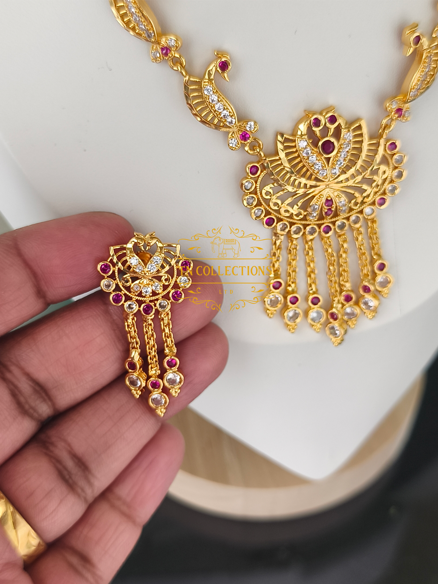 Micro Gold-Plated Traditional Peacock Design Necklace Set (Ruby & White stones)