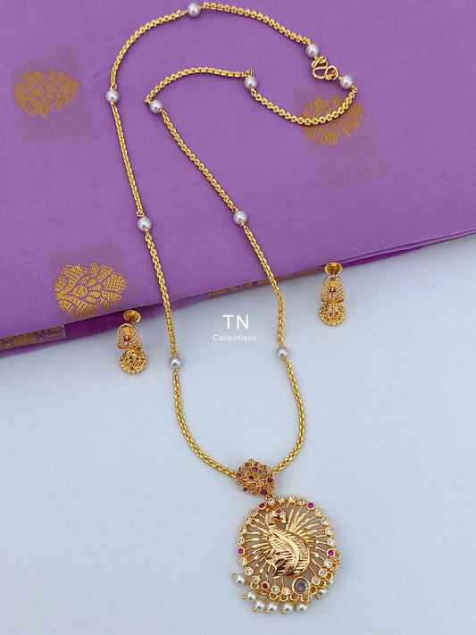Micro gold plated Pearl chain with Peacock Design Pendant