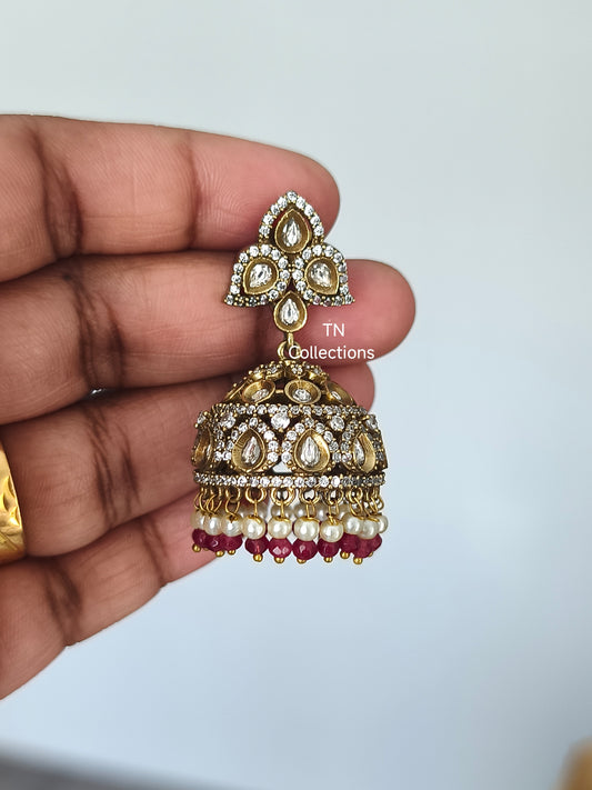 Victorian style AD Earrings Jumkha with Pearls