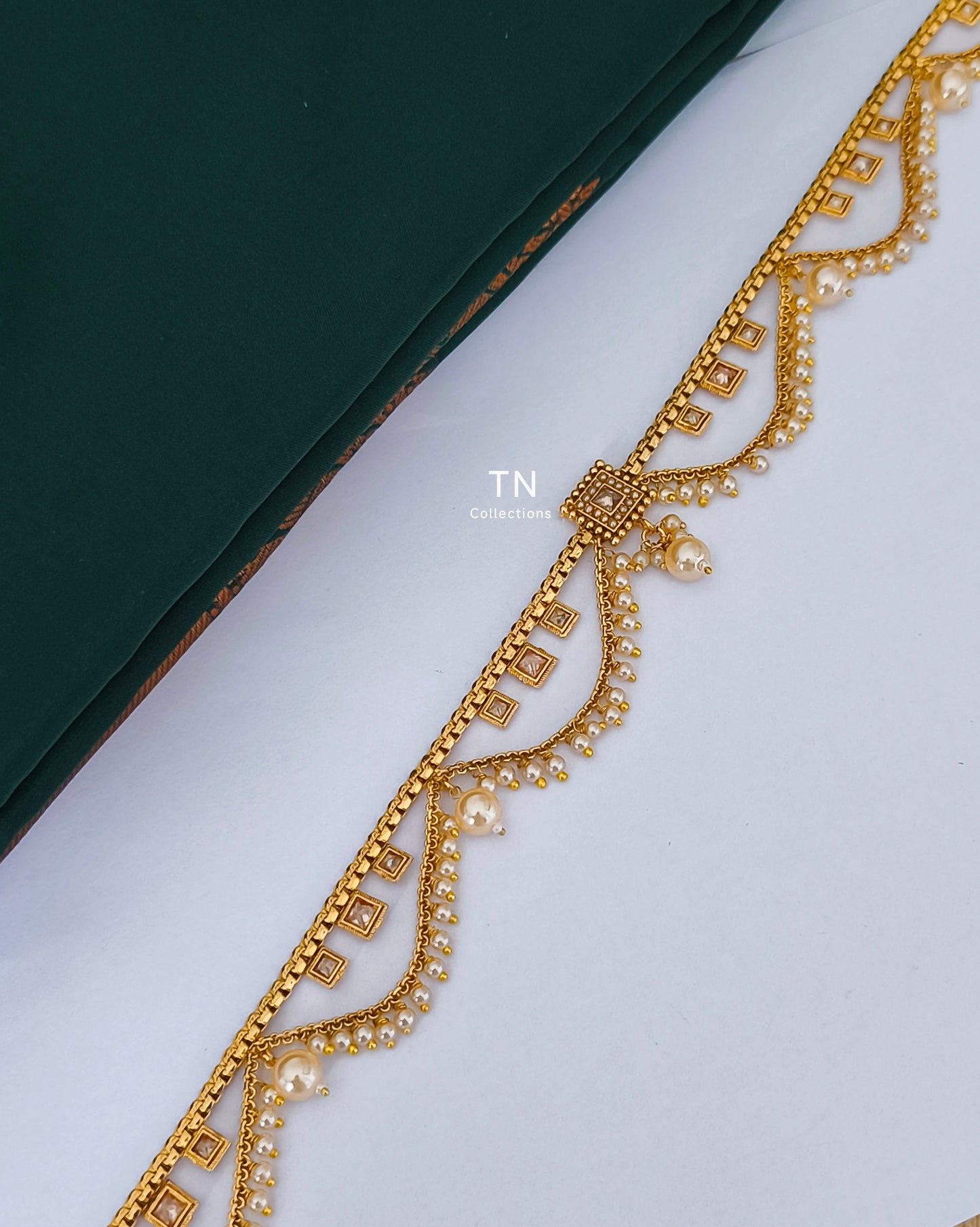 Antique Polish Hip Chain (Full white stones & pearls)