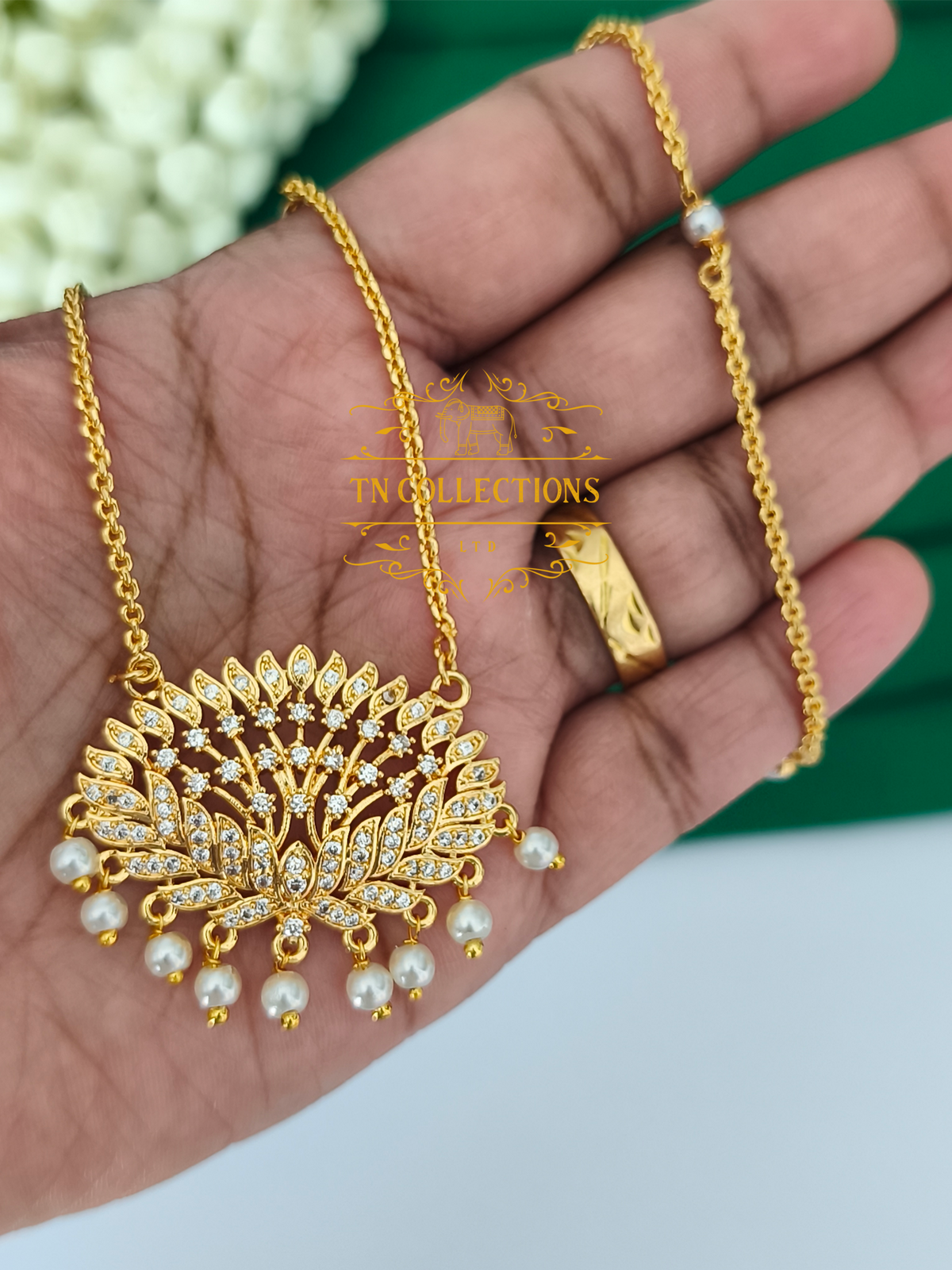 Micro Gold-Plated Floral design Pendant with Pearl chain (Full white stones)