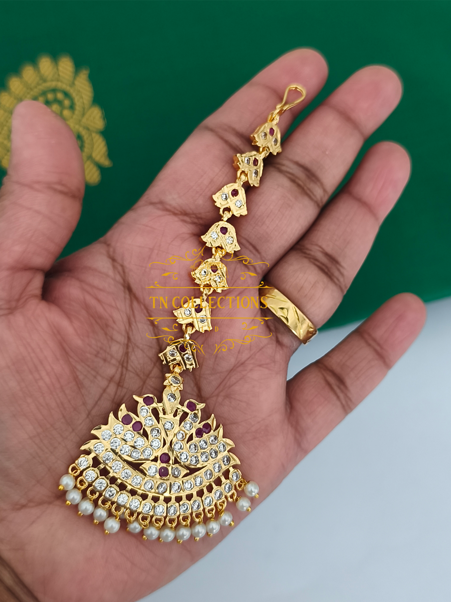 Micro gold plated Nethichuddi Tikka (Ruby & White stones)