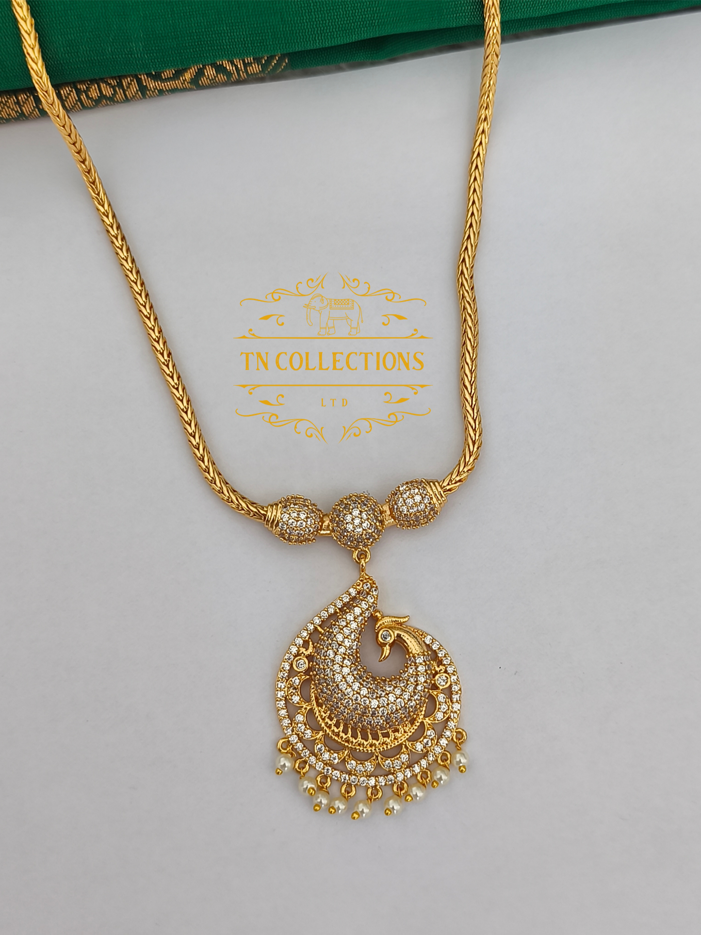 Micro Gold-Plated Traditional Peacock Attiyal (Full white stones)