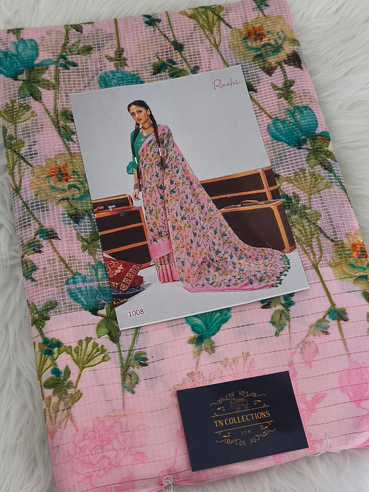 Floral Check Linen cotton saree
