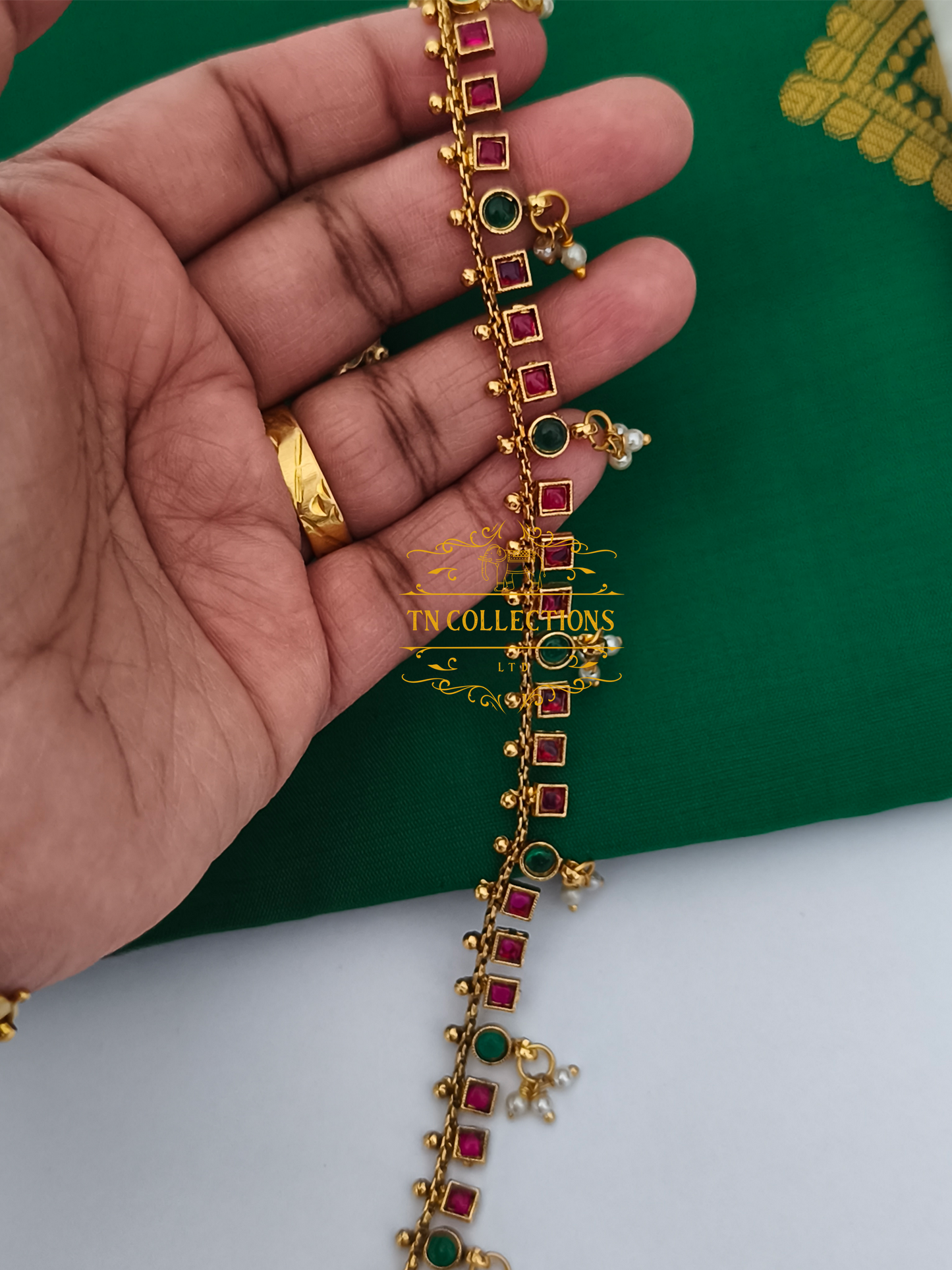 Kemp Stone Brass metal Hip Chain( Ruby & Green Stones)