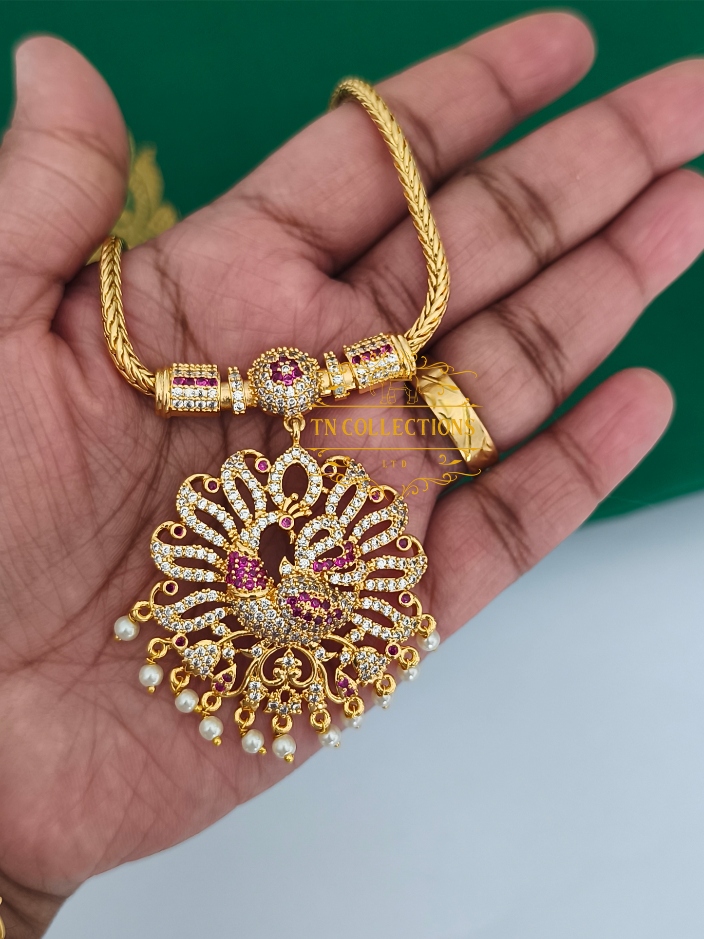 Micro Gold-Plated Peacock Attiyal (Ruby & White stones)